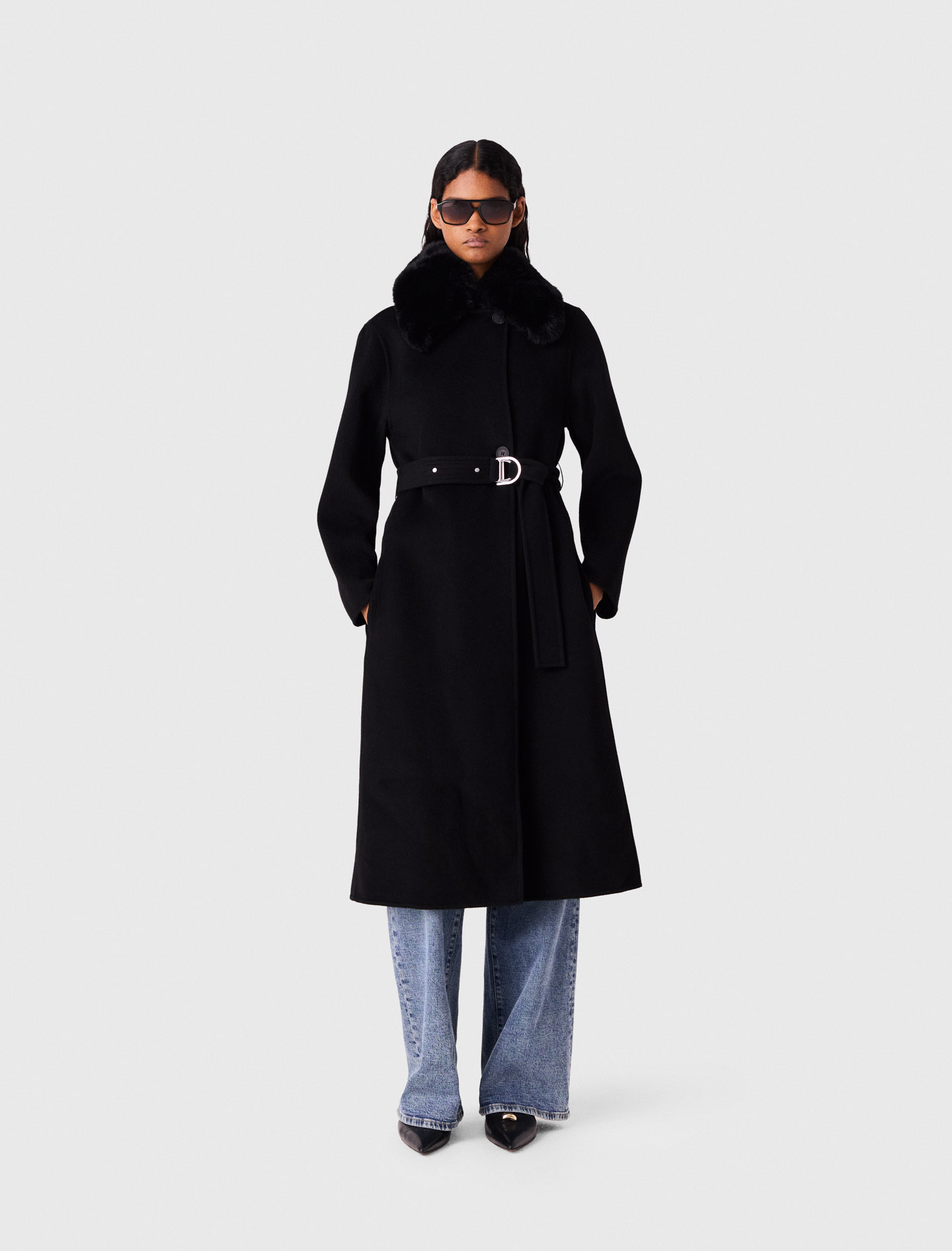 Manteau Double Face À Col Amovible - Noir - Taille 42 - Maje