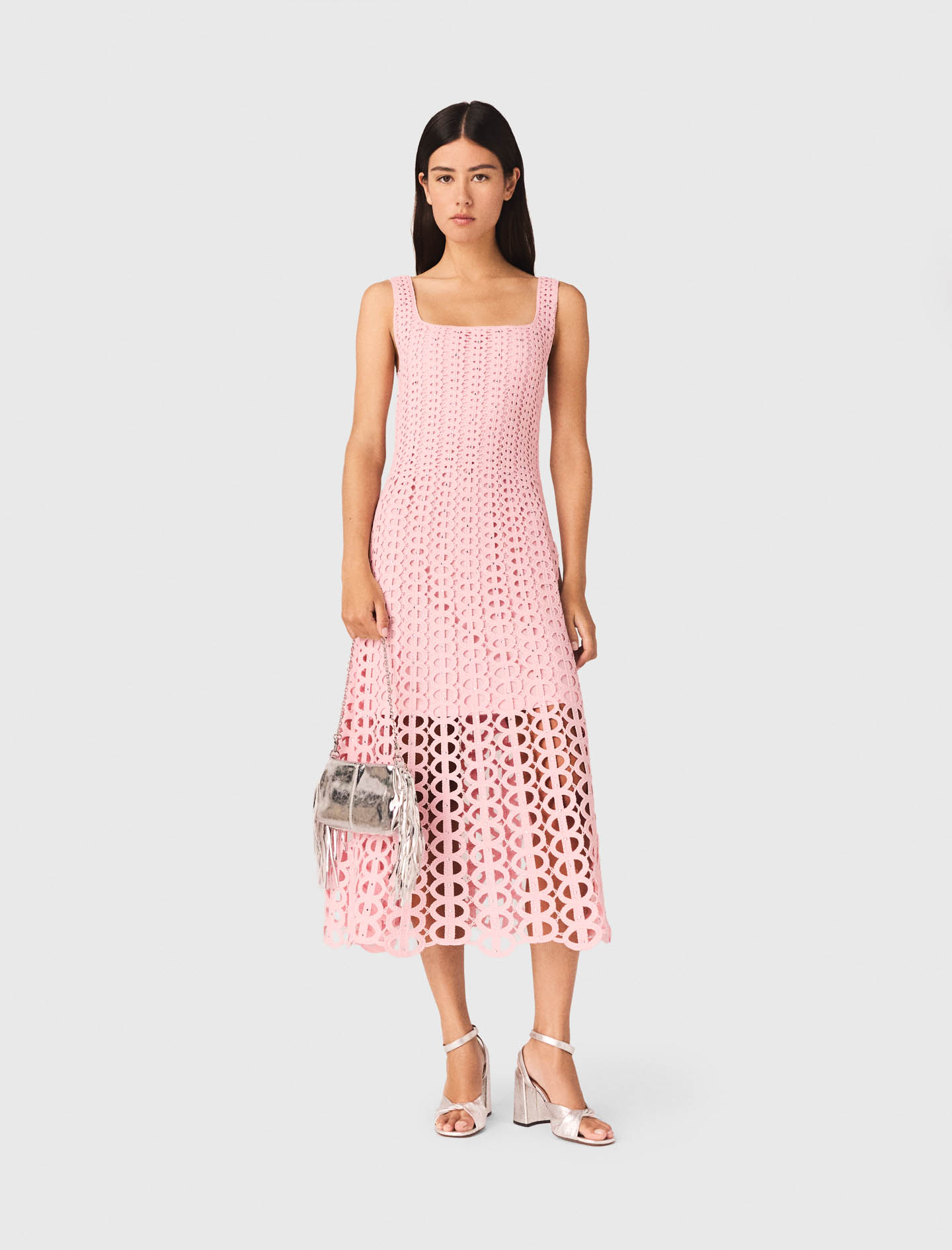 Robe Midi En Crochet Strassé - Rose - Taille 42 - Maje