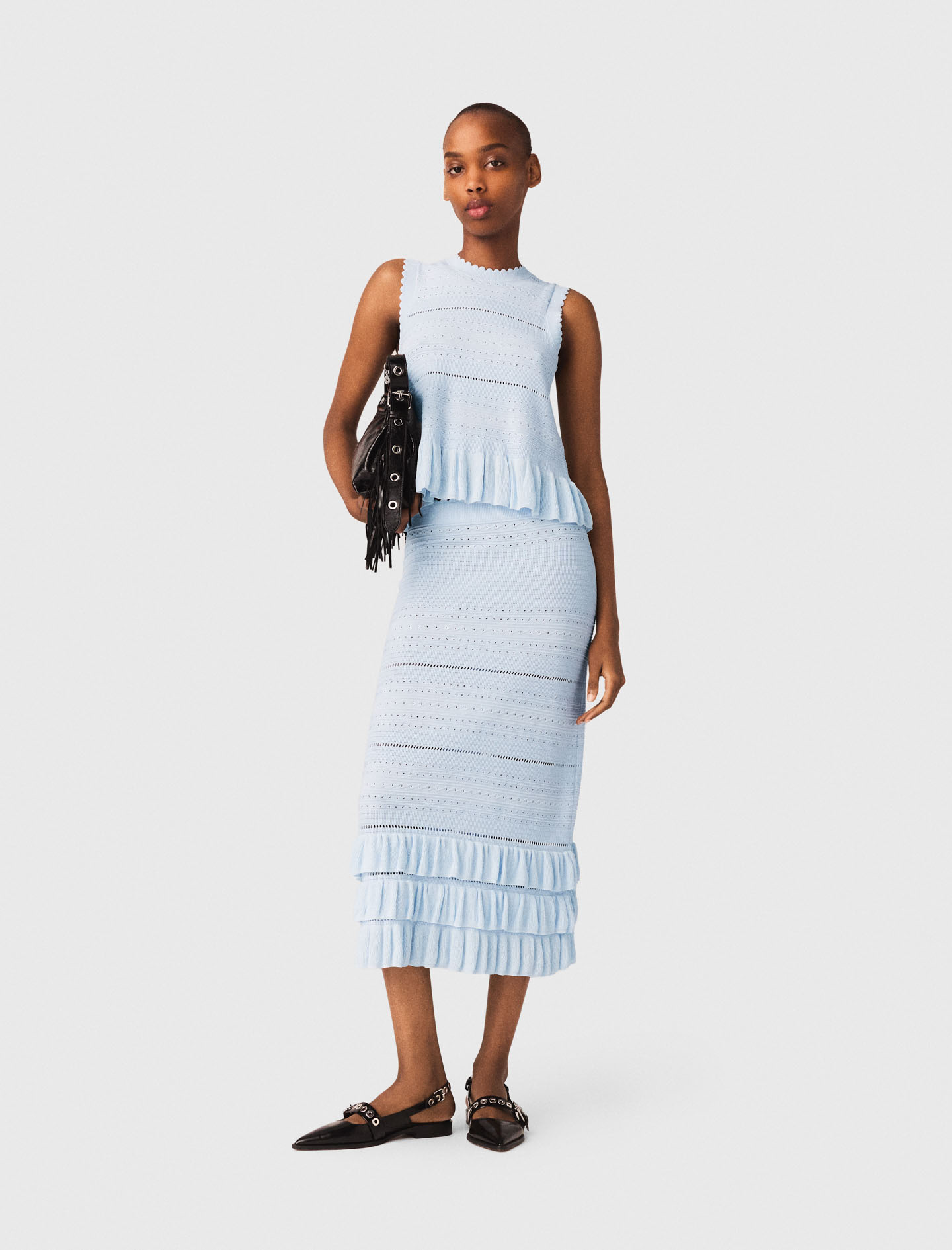 Jupe Longue En Maille Avec Volants - Bleu - Taille 38 - Maje