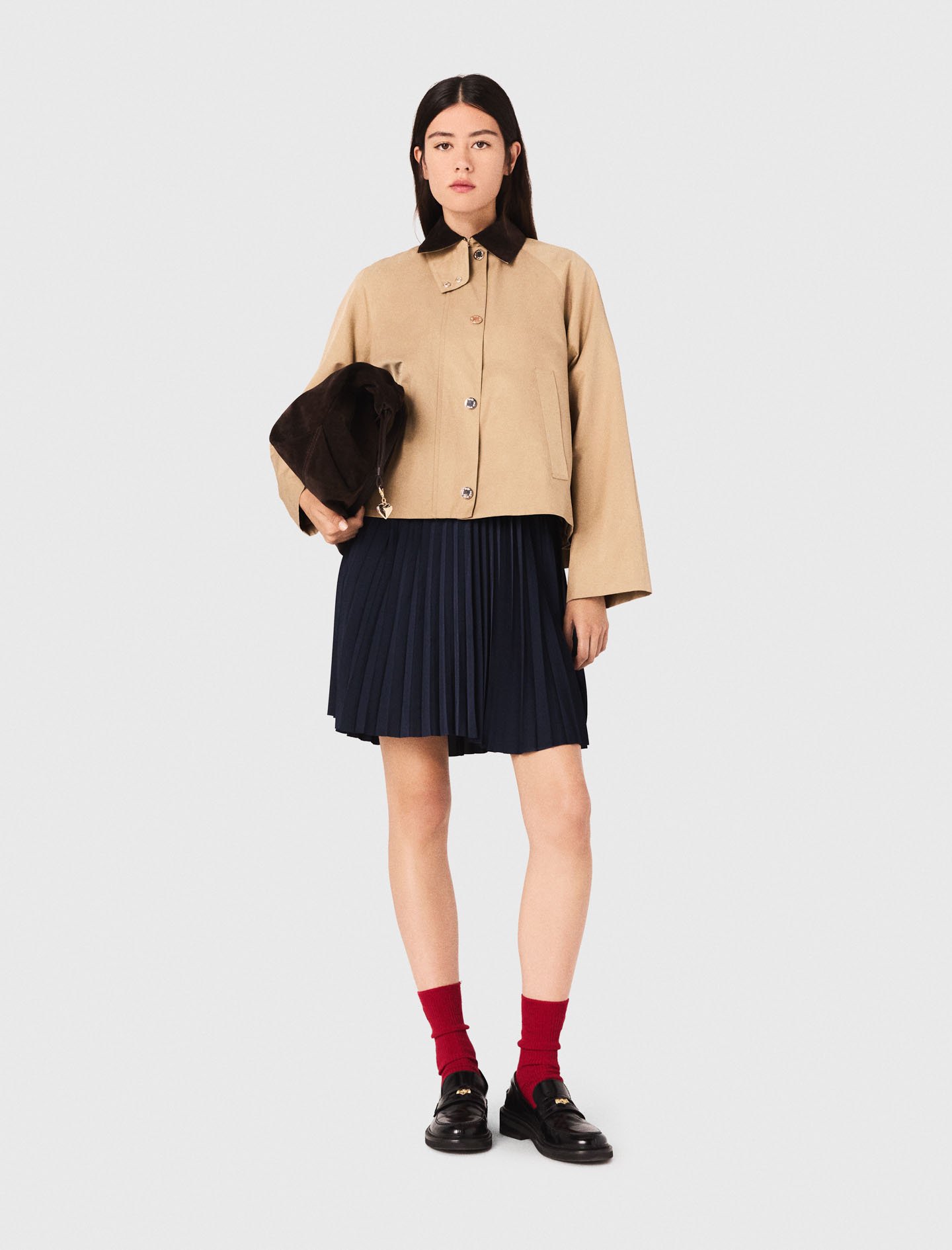 Maje Trapeze Jacket With Contrast Collar In Brown