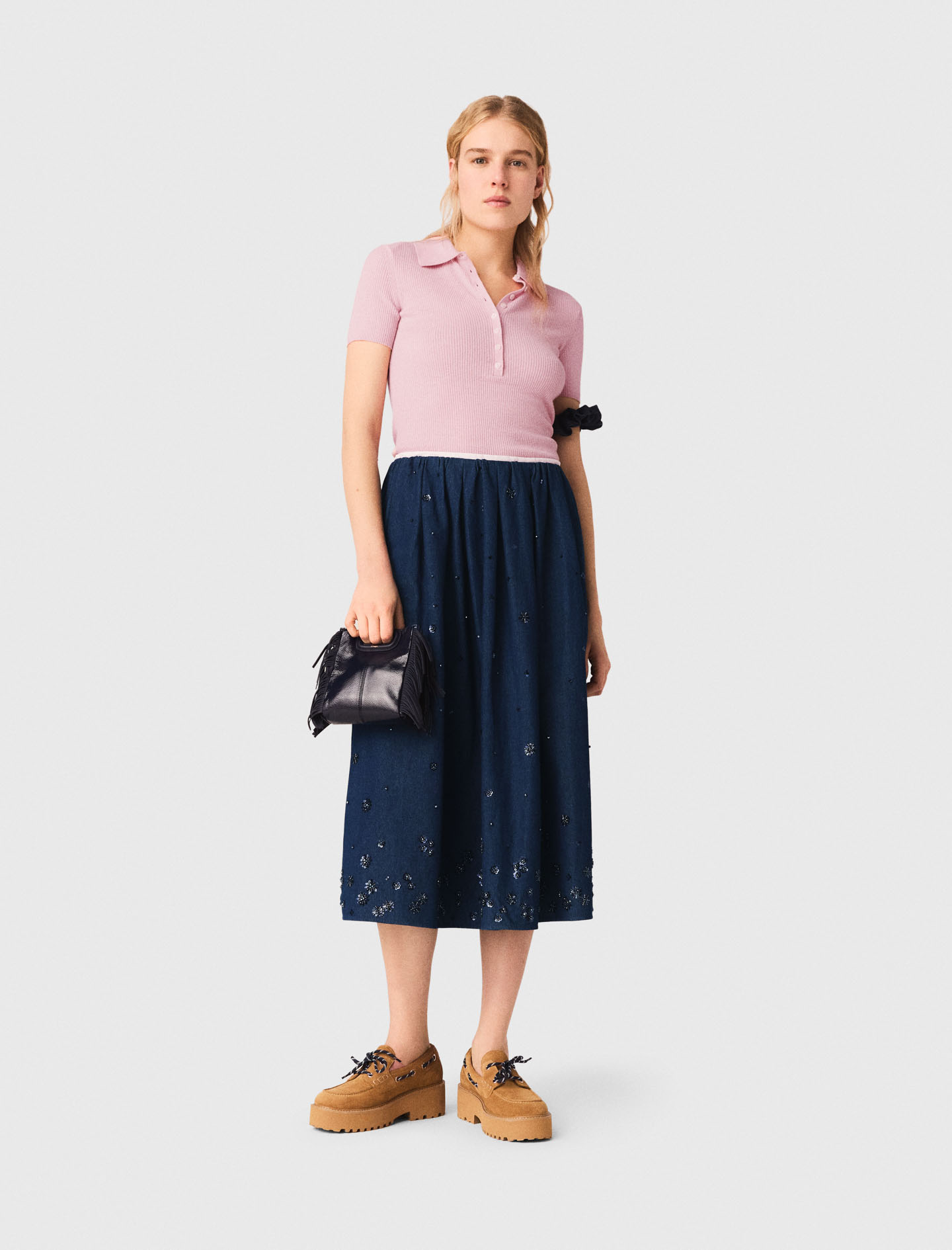 Jupe Mi-longue En Denim Brodé - Bleu Marine - Taille 38 - Maje