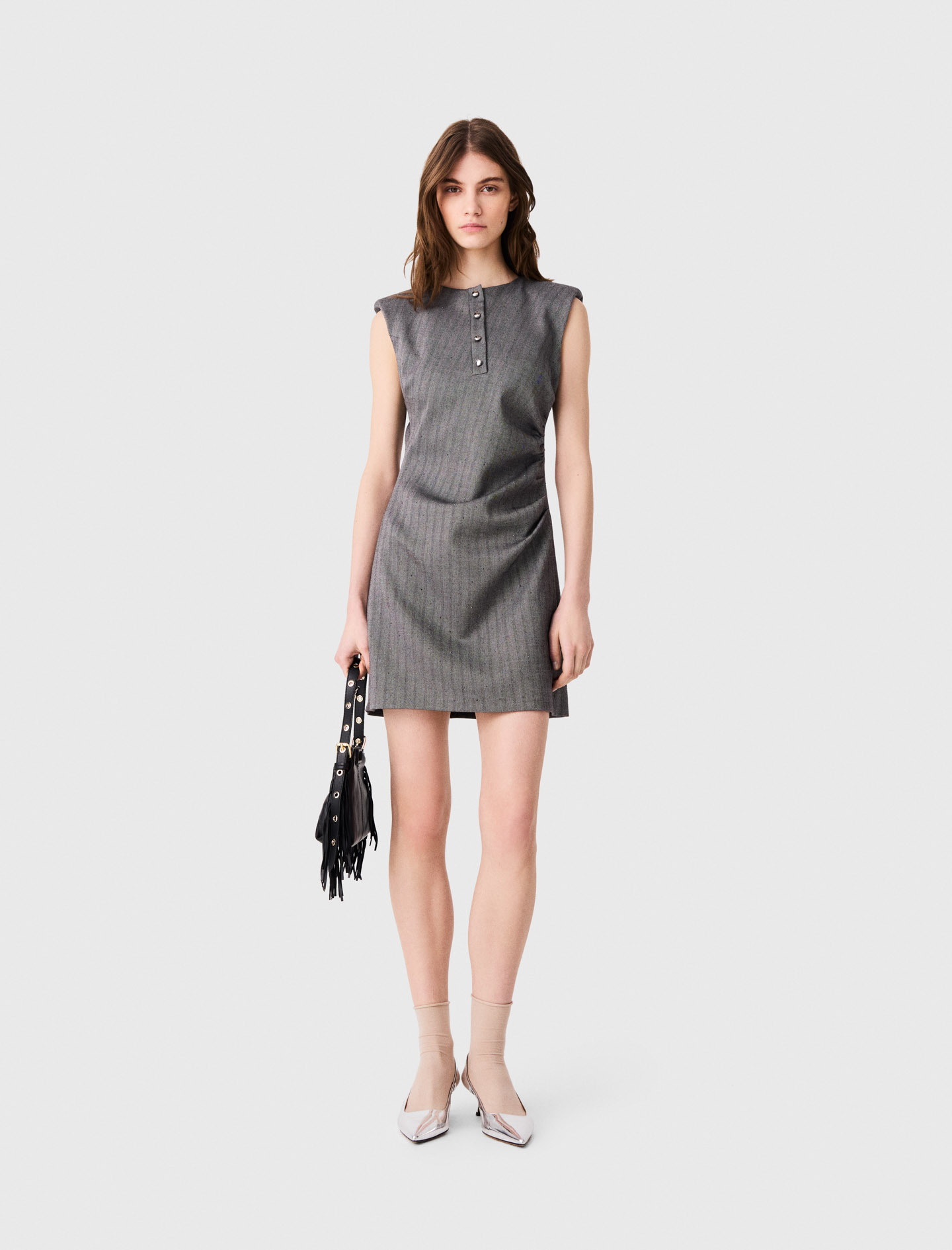 Robe Tailleur Courte Strassée - Gris - Taille 42 - Maje