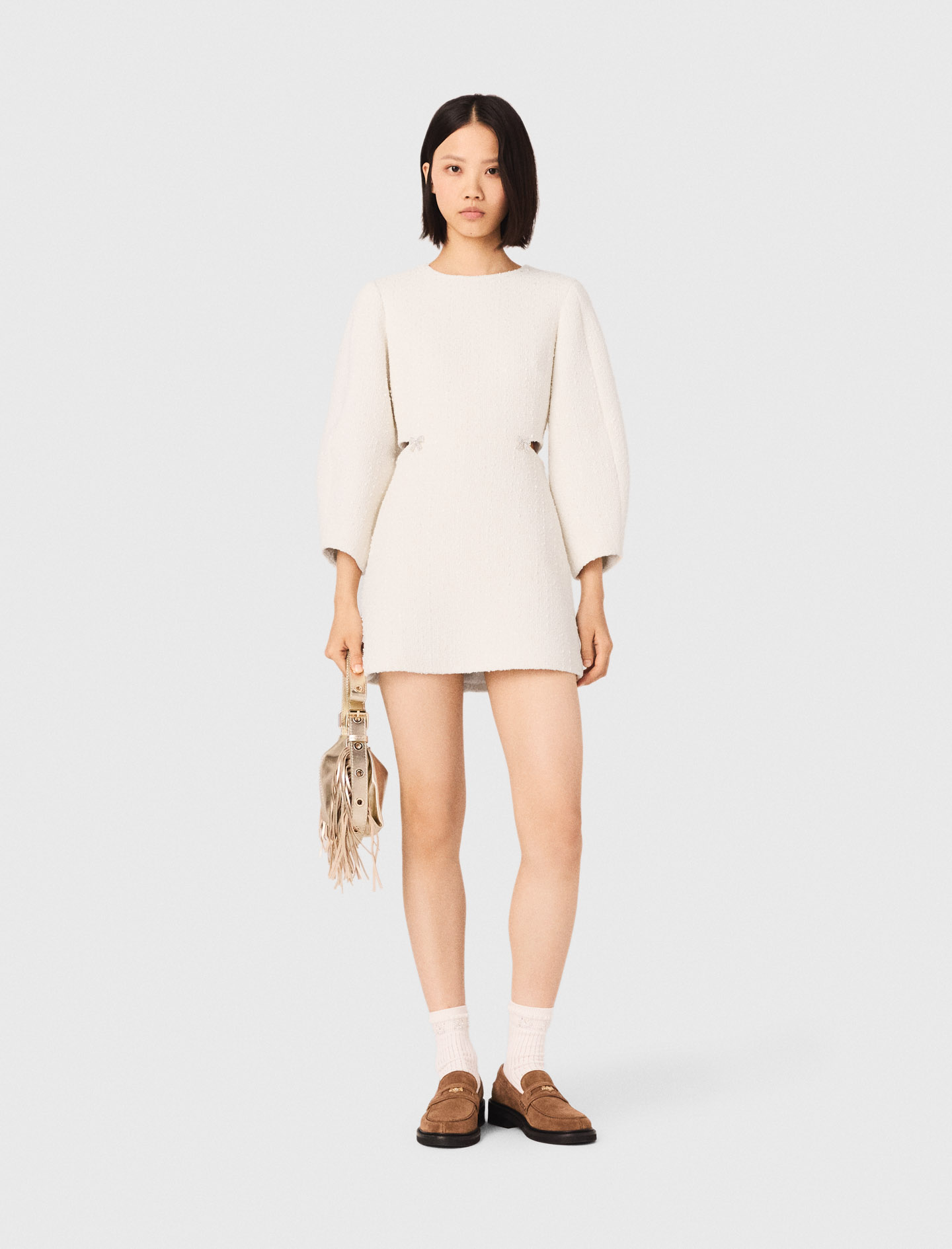 Robe Courte En Tweed Manches Ballon - Blanc - Taille 38 - Maje