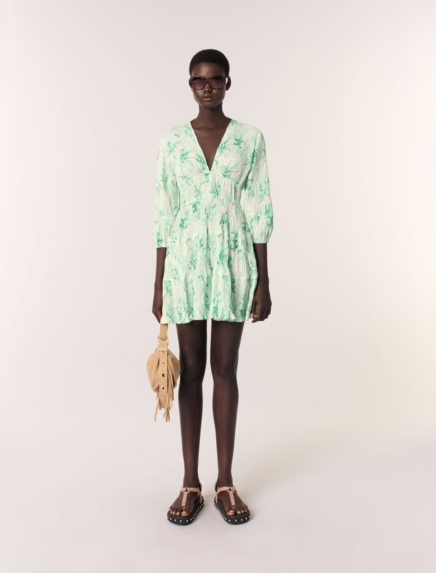 Robe Courte Plissée Imprimée - Vert - Maje - Modalova