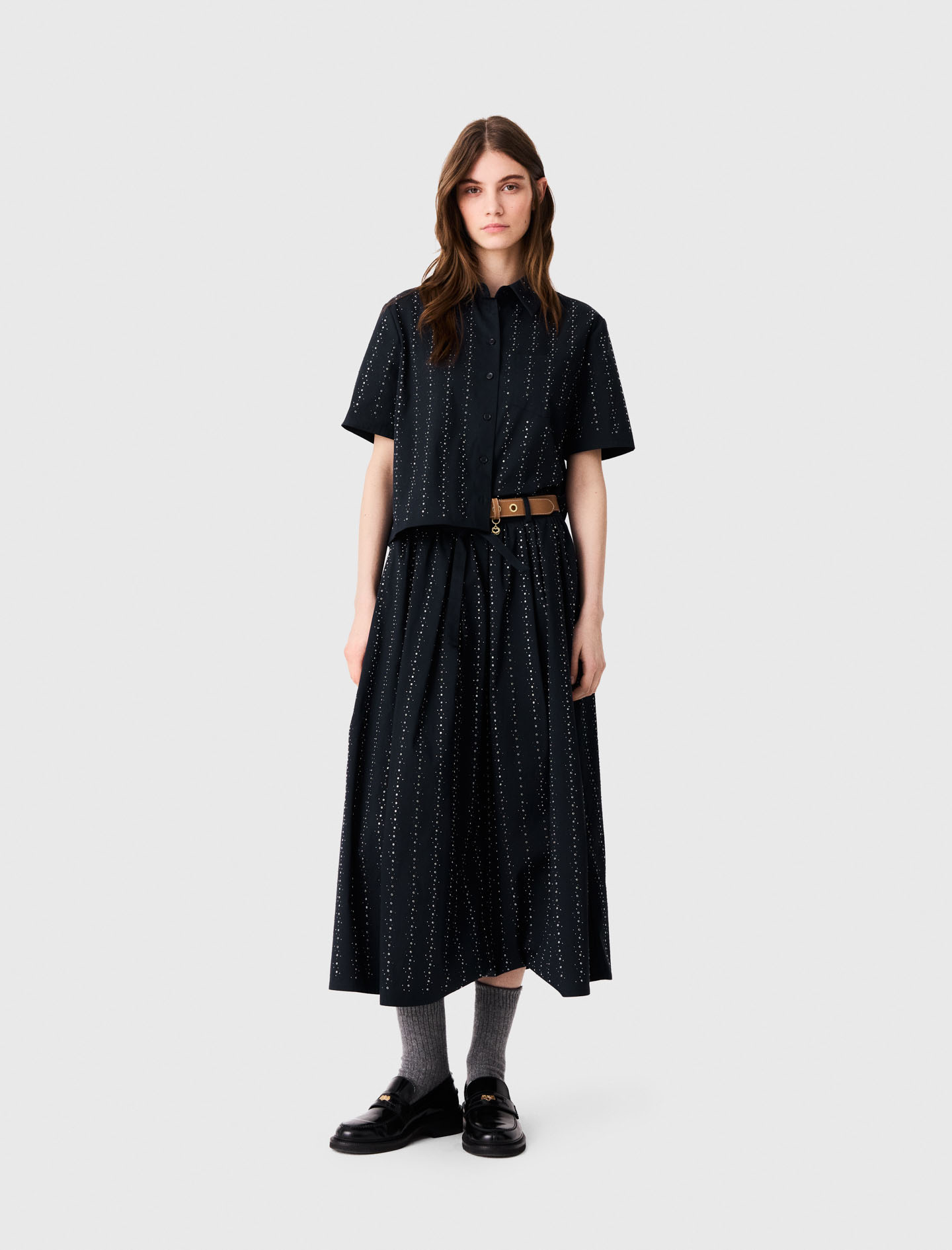 Jupe Longue Strassée En Coton - Bleu Marine - Taille 36 - Maje