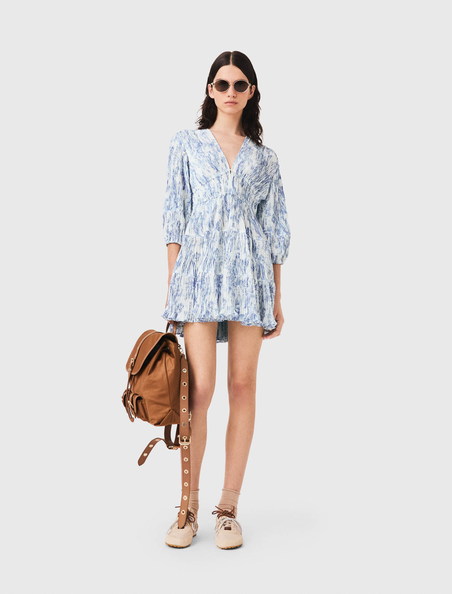 Robe Plissée Imprimée - Bleu Ciel Grosses Fleurs Print - Taille 42 - Maje