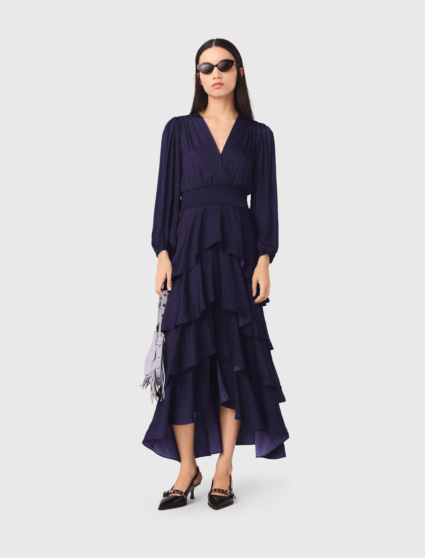 Robe longue à volants bleu pour femme | Maje