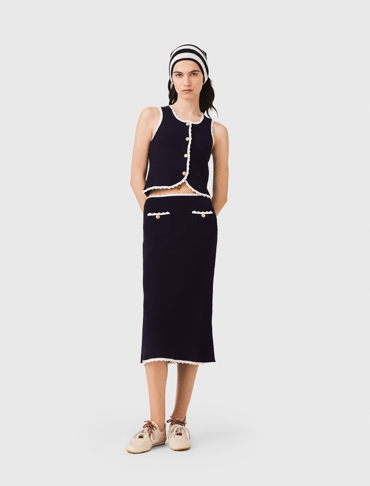 Jupe Midi Avec Finitions En Crochet - Bleu Marine - Taille 40 - Maje