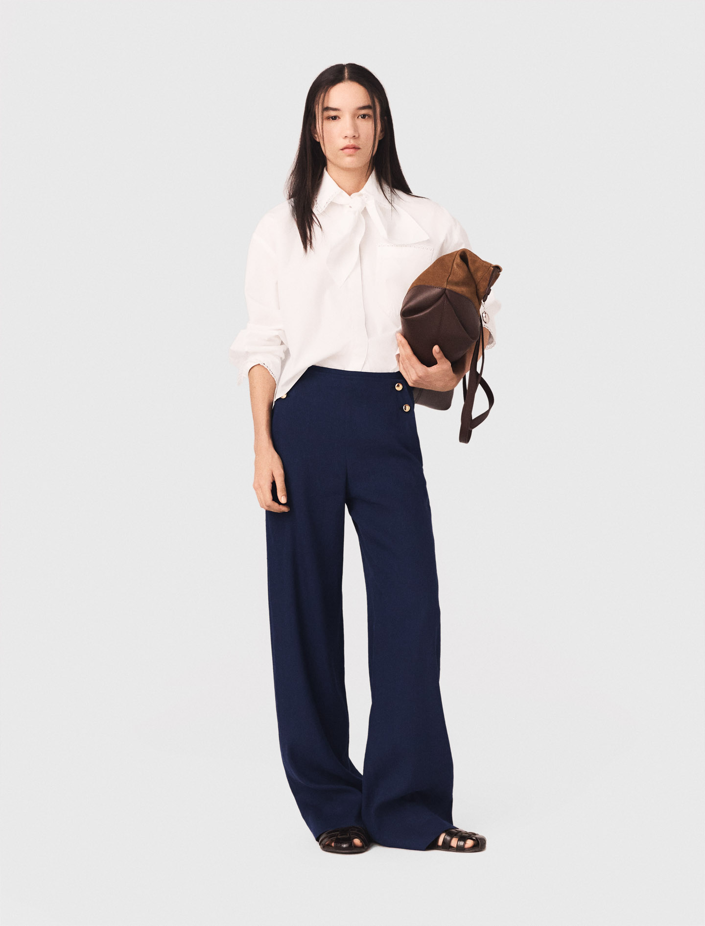 Pantalon À Pont En Lin Mélangé - Bleu Marine - Taille 34 - Maje