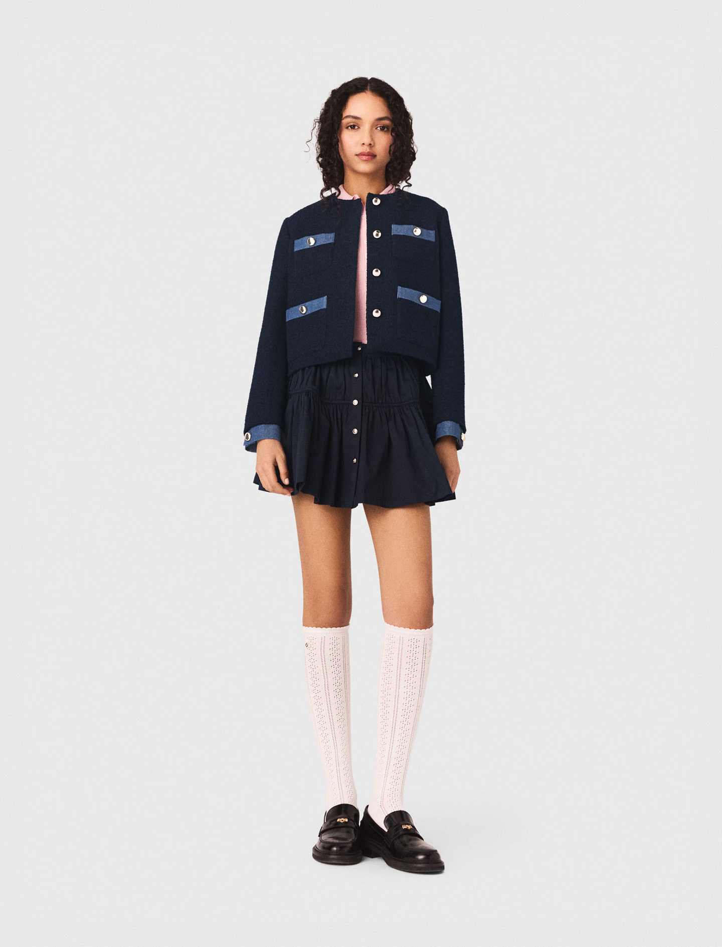 Veste En Tweed Et Galons Denim - Bleu Marine - Taille 40 - Maje