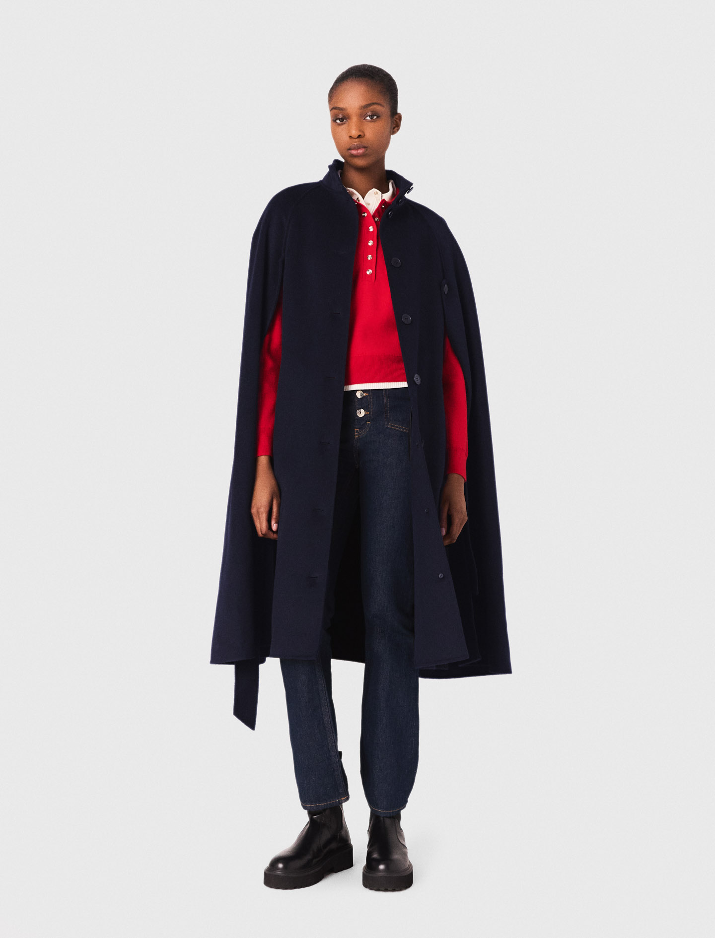 Manteau long double face avec cape bleu pour femme | Maje
