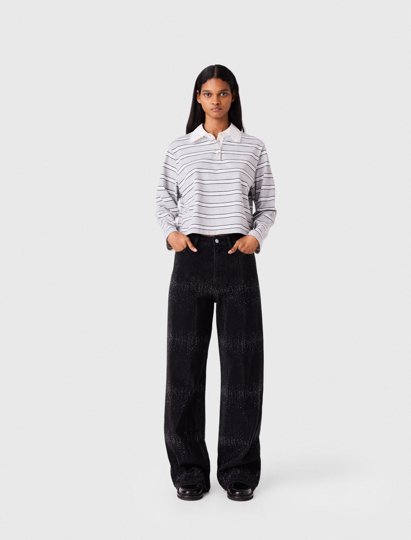 Jean Large Strassé - Noir - Taille 38 - Maje