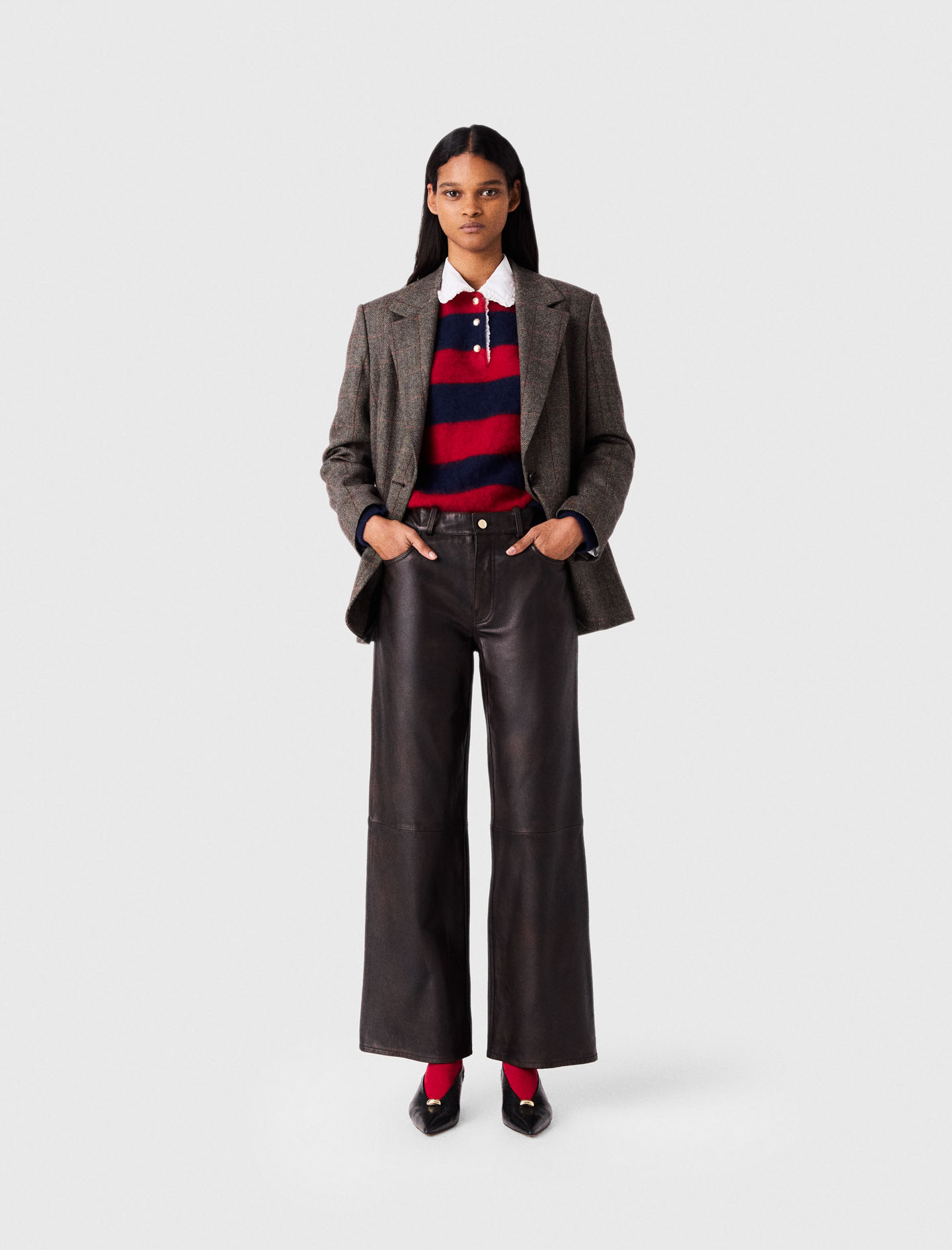 Pantalon En Cuir - Marron Fonce - Taille 34 - Maje