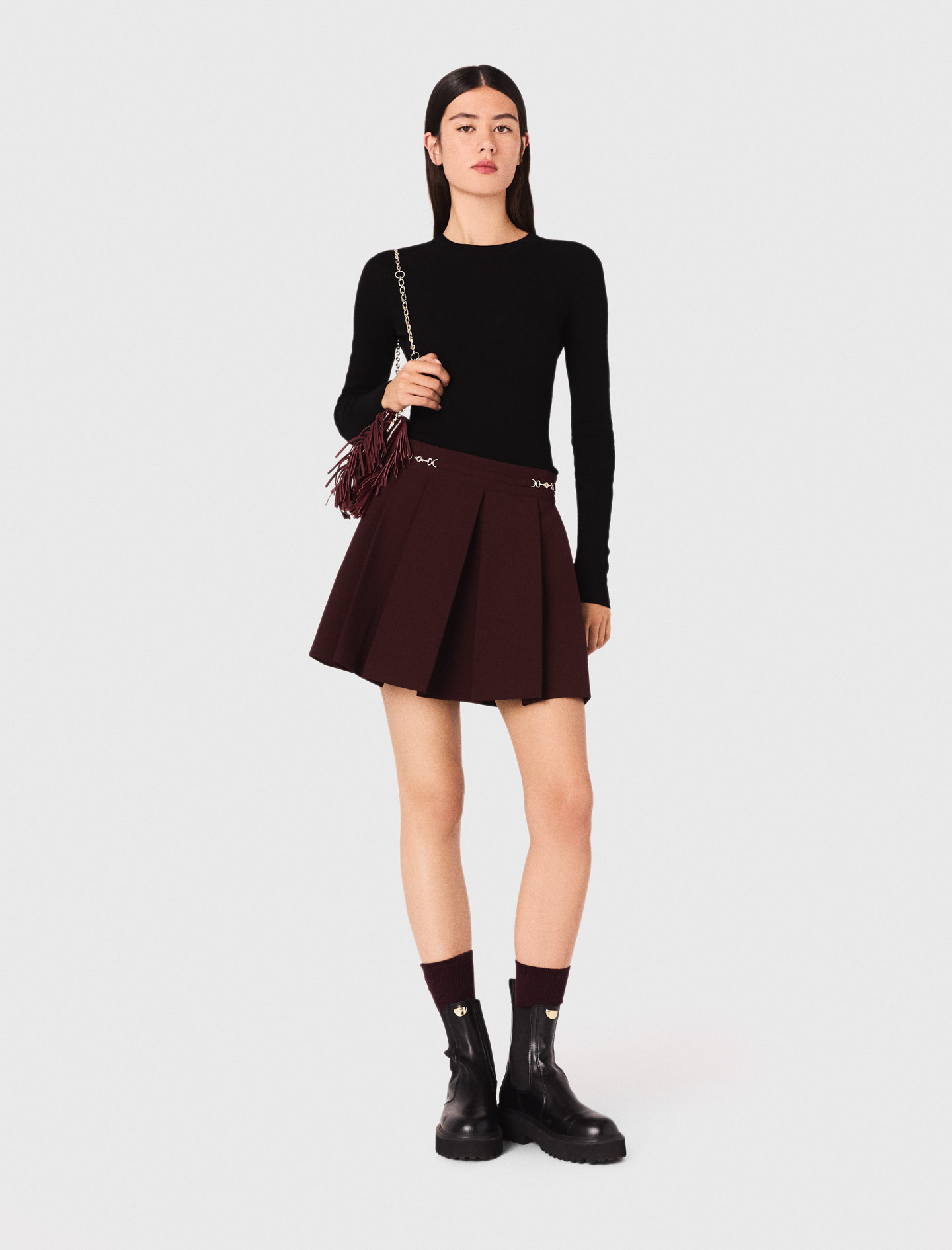 Jupe en jean paper-bag - Bordeaux foncé - - 10.00