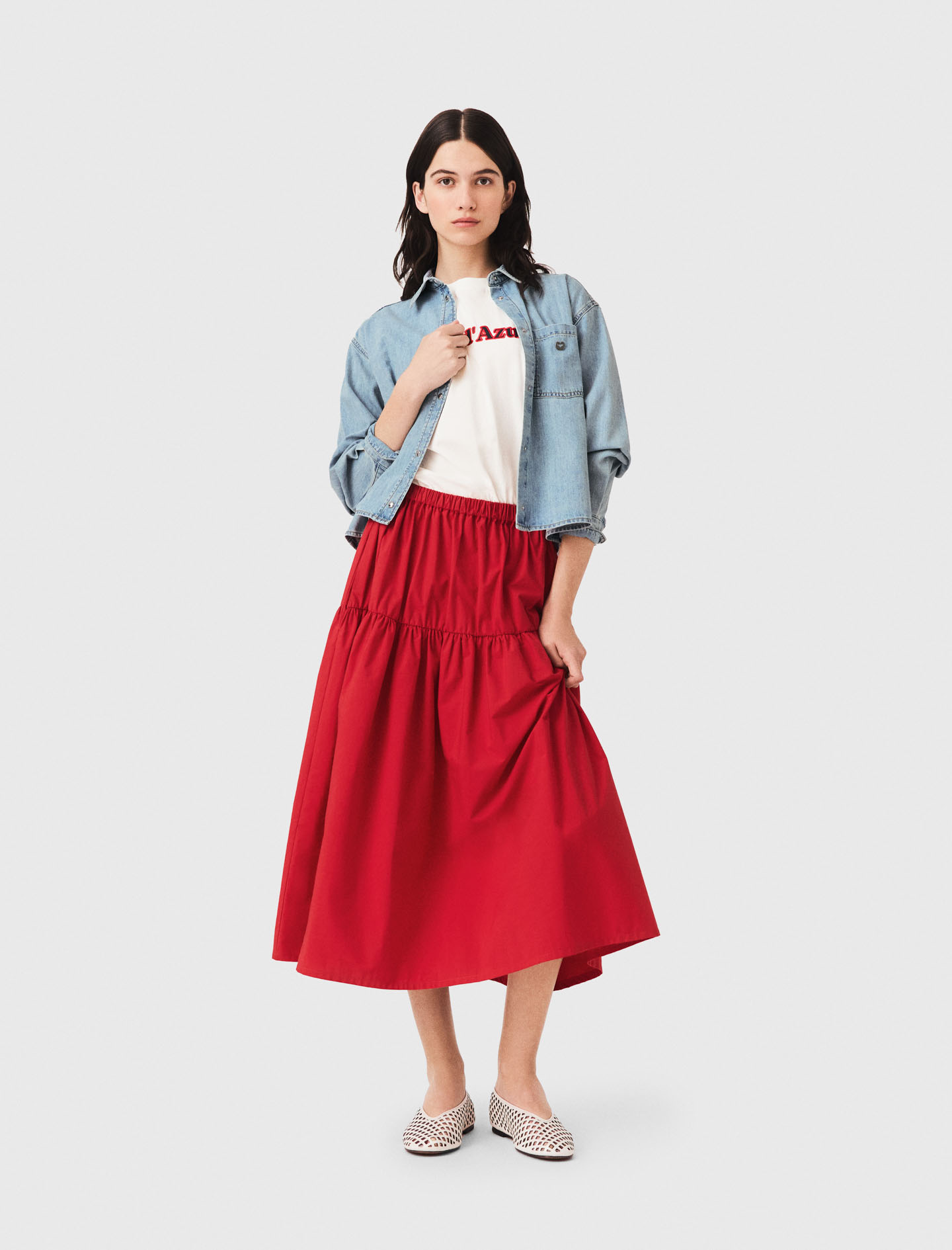 Jupe Longue Froncée - Rouge - Taille 38 - Maje
