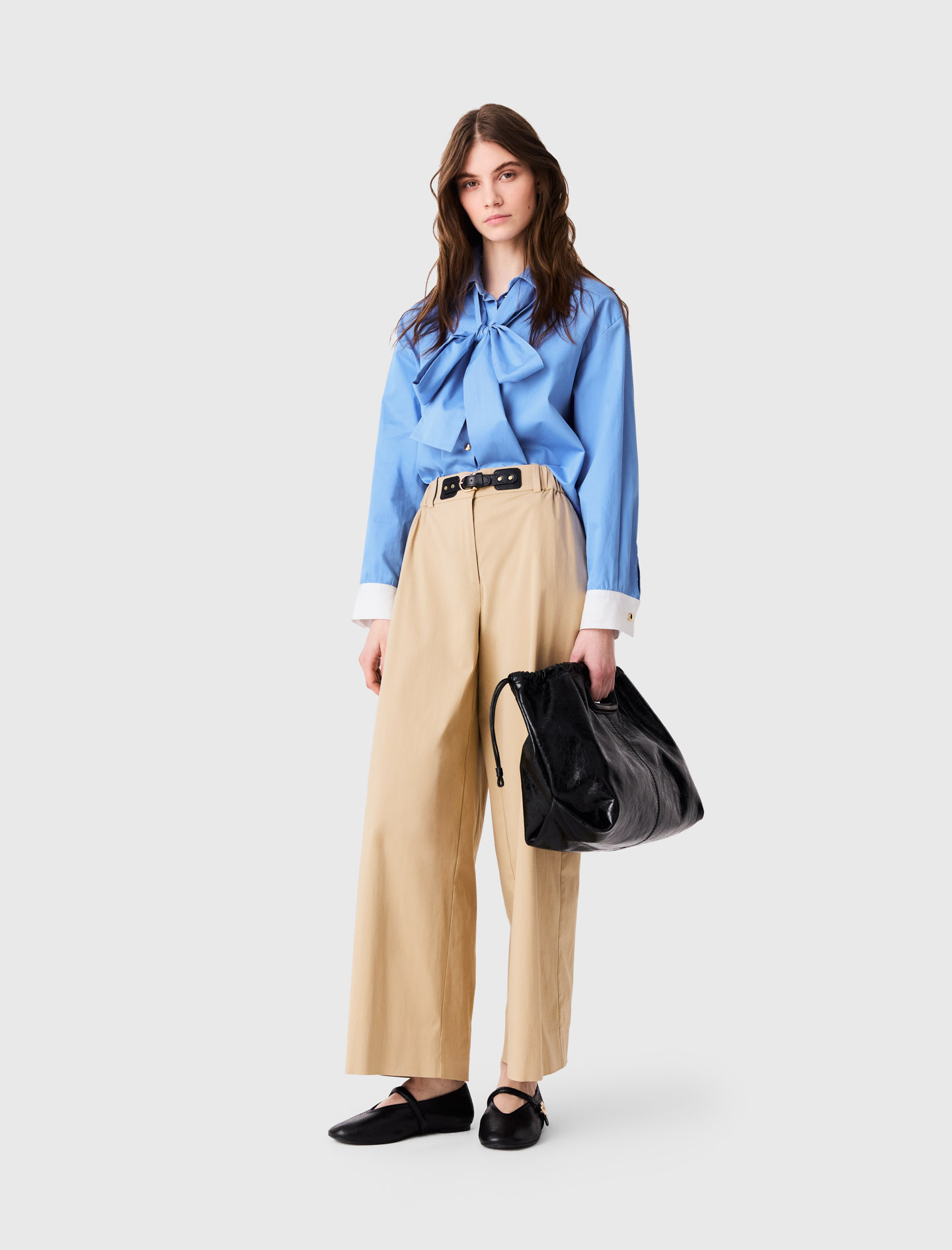 Pantalon Large En Coton - Beige - Taille 40 - Maje