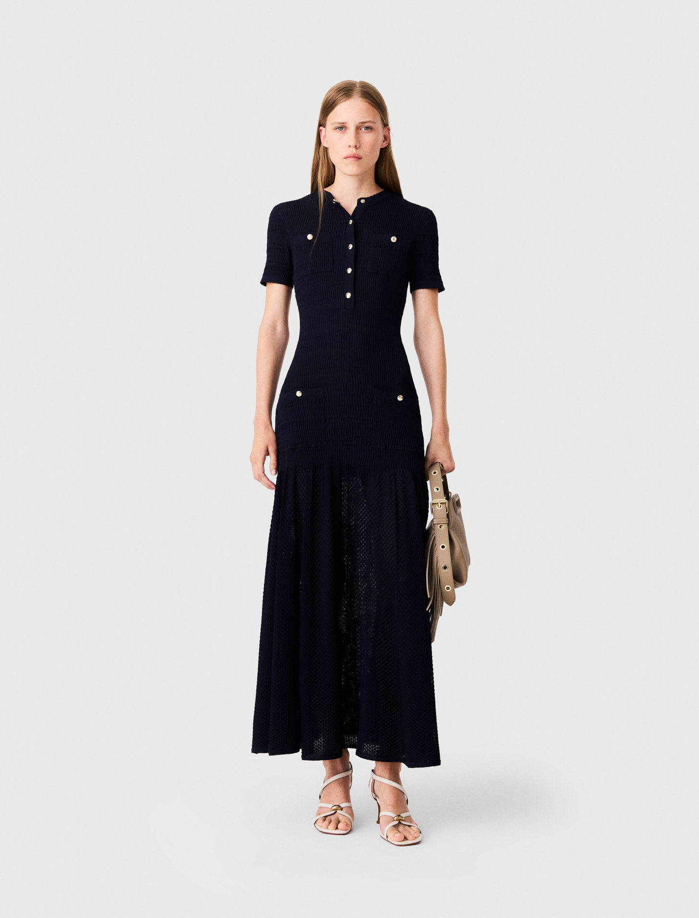 Robe Longue En Maille Pointelle - Bleu Marine - Taille 40 - Maje