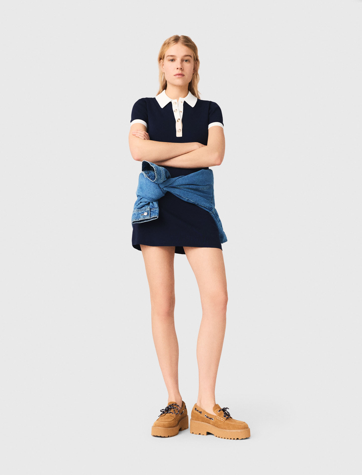 Robe Polo À Finitions Contrastés - Bleu Marine - Taille 38 - Maje