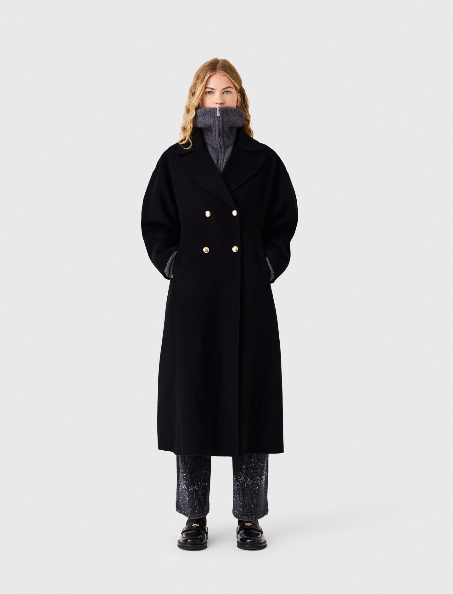 Manteau Long Croisé En Laine - Noir - Taille 36 - Maje