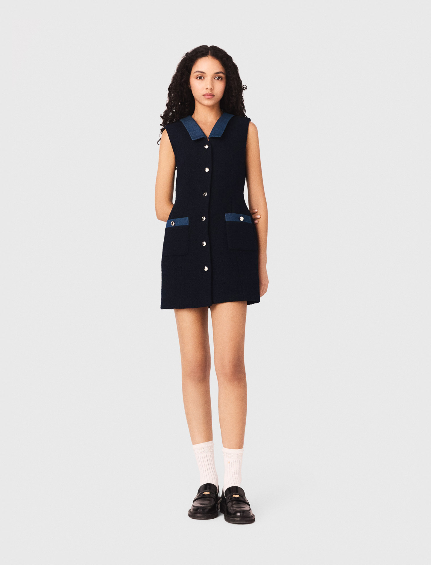 Robe En Tweed Et Détails Denim - Bleu Marine - Taille 40 - Maje