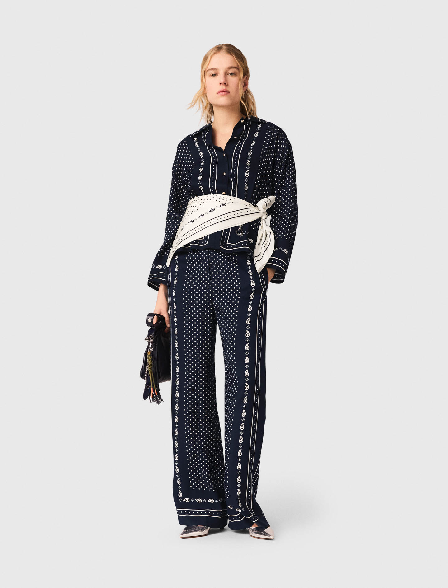 Pantalon Fluide Imprimé - Marine Pois Bandana Print - Taille 42 - Maje