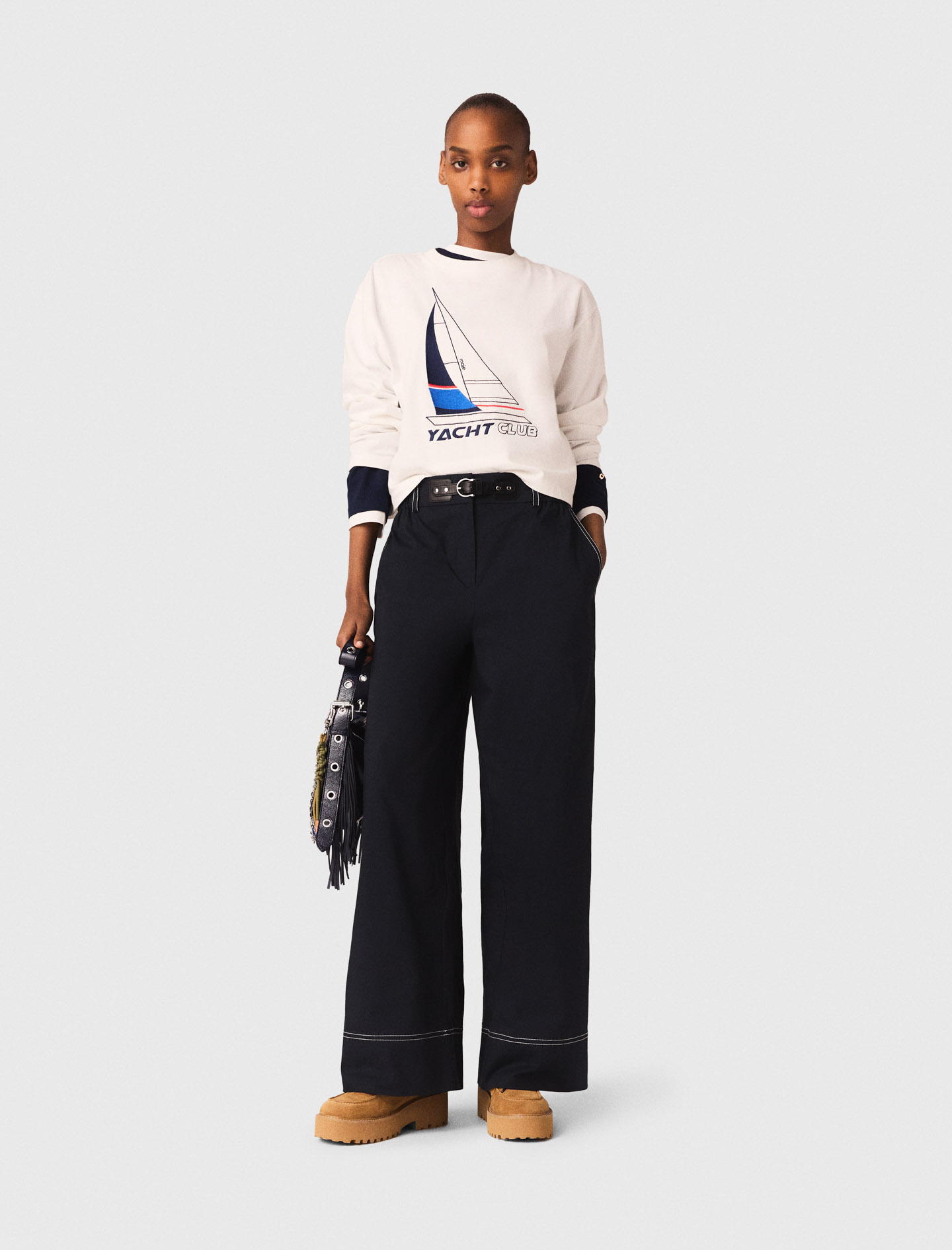 Pantalon En Coton À Ceinture Cuir - Bleu Marine - Taille 34 - Maje