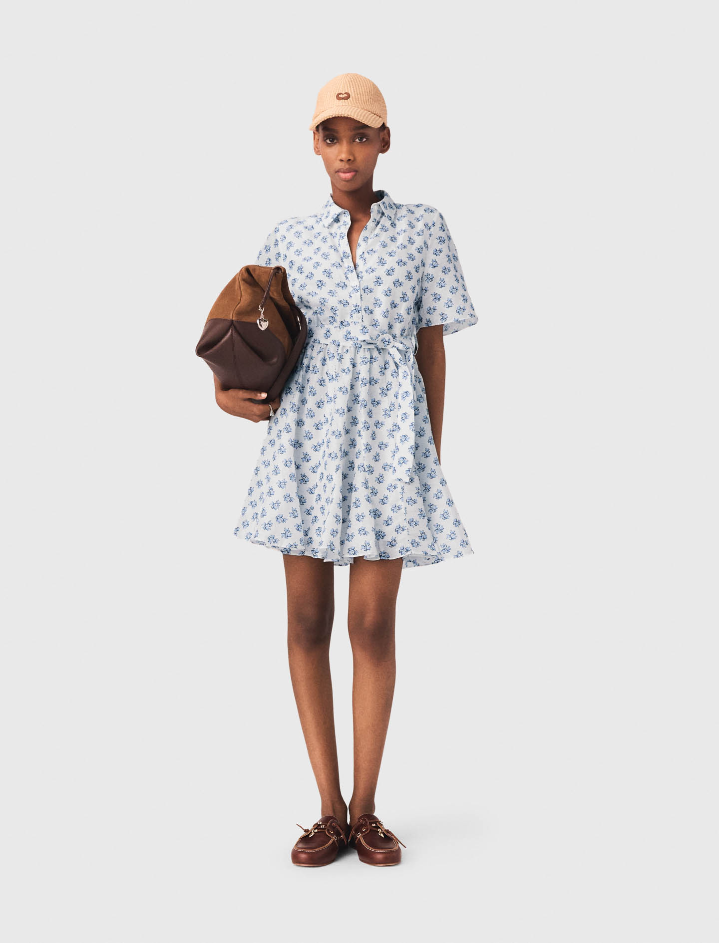Robe Courte Imprimée En Lin Mélangé - Bleu Petites Fleurs Print - Taille 40 - Maje