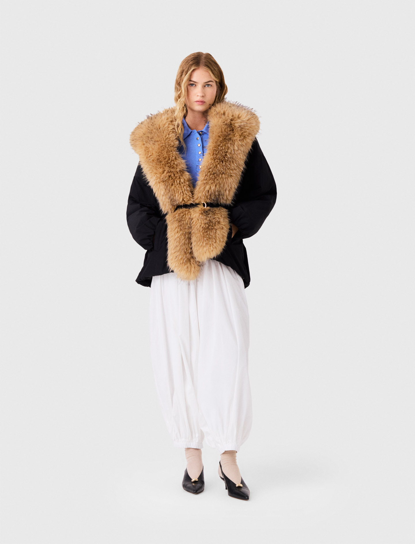 Parka Oversize Col Fausse Fourrure - Noir - Taille 36 - Maje