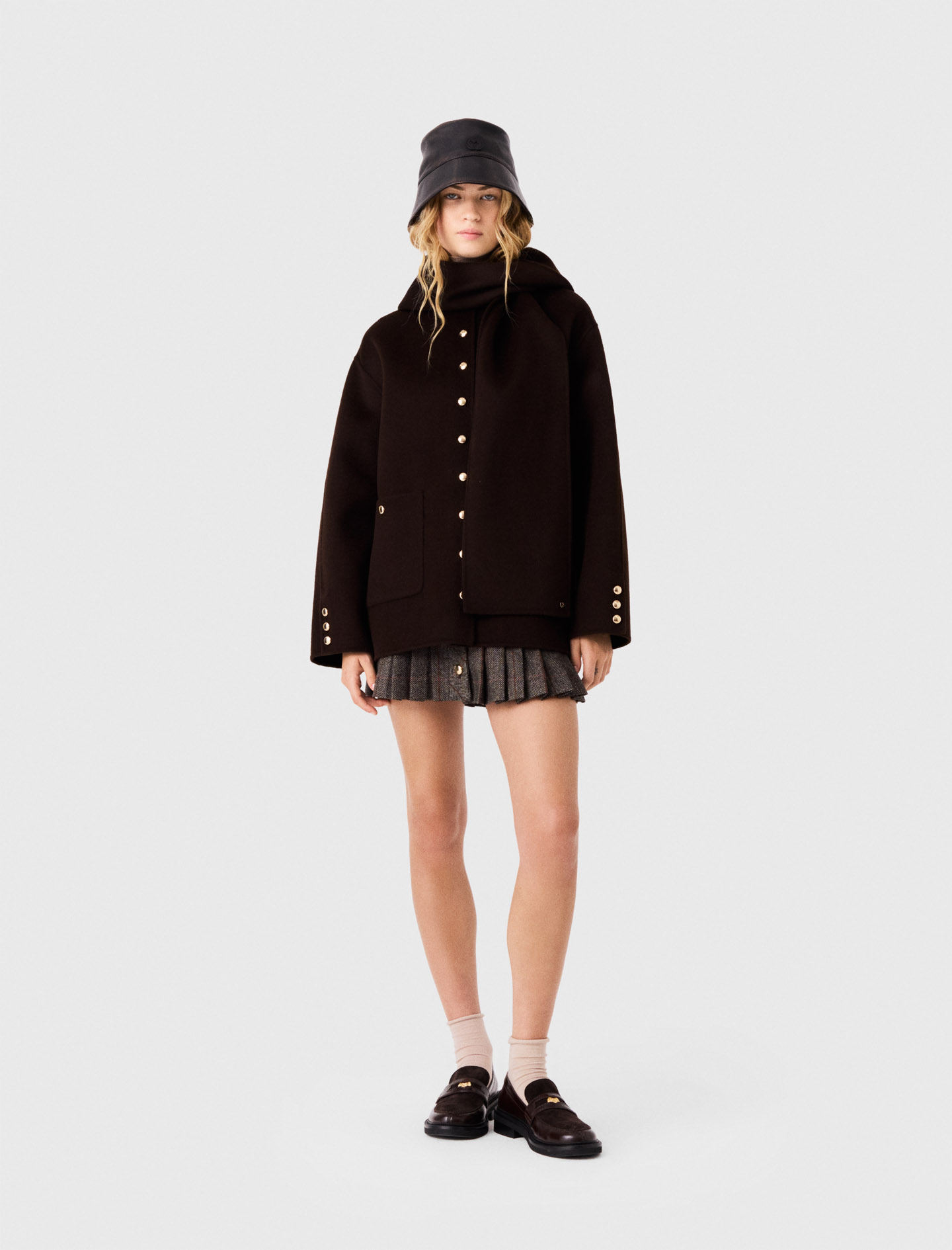 Manteau En Laine À Écharpe Amovible - Marron Fonce - Taille 36 - Maje