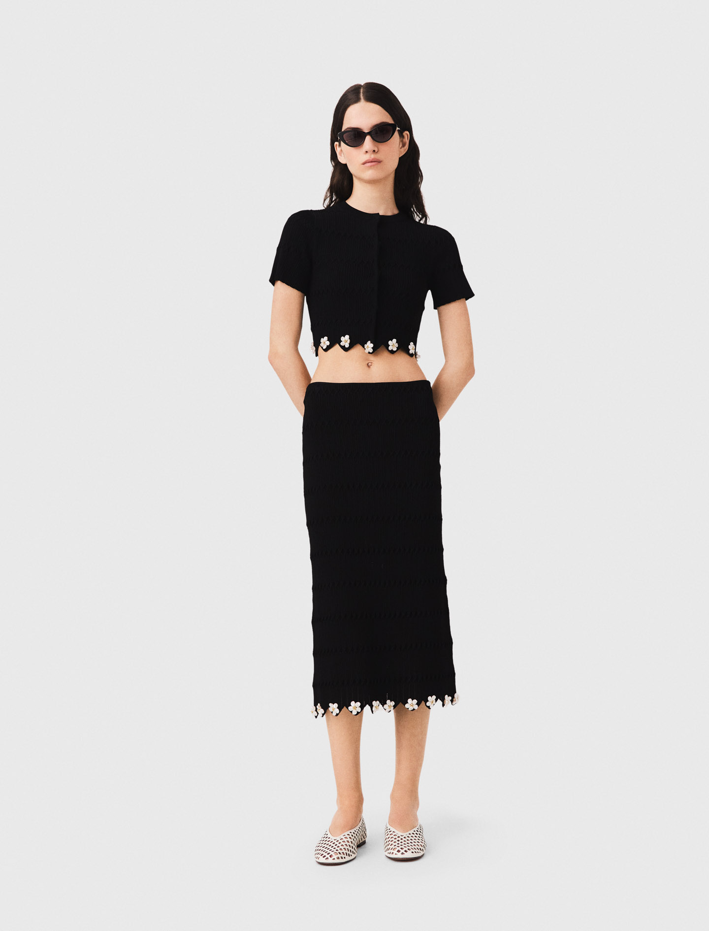 Jupe En Maille Avec Fleurs Bijoux - Noir - Taille 36 - Maje