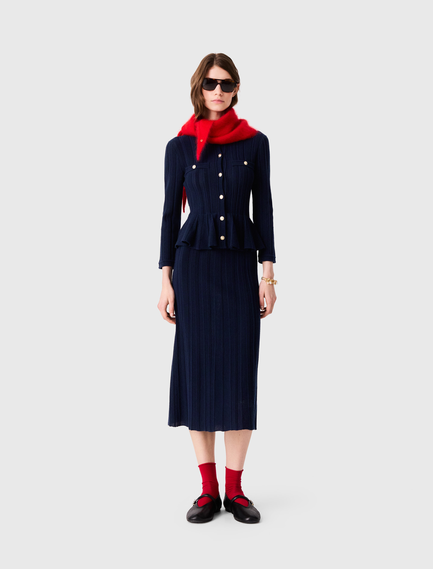 Robe En Maille À Taille Péplum - Bleu Marine - Taille 42 - Maje
