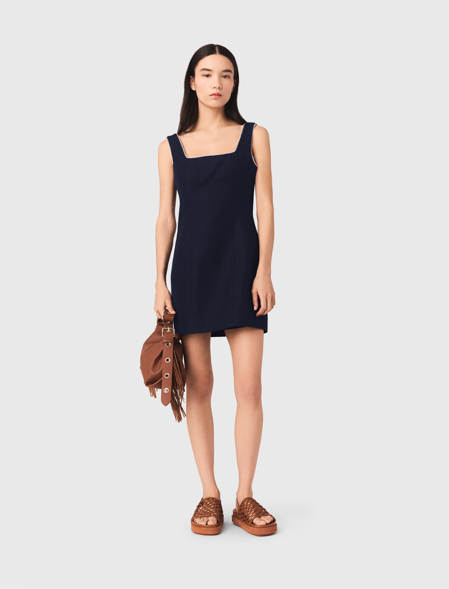 Robe Courte En Lin Mélangé - Bleu Marine - Taille 40 - Maje