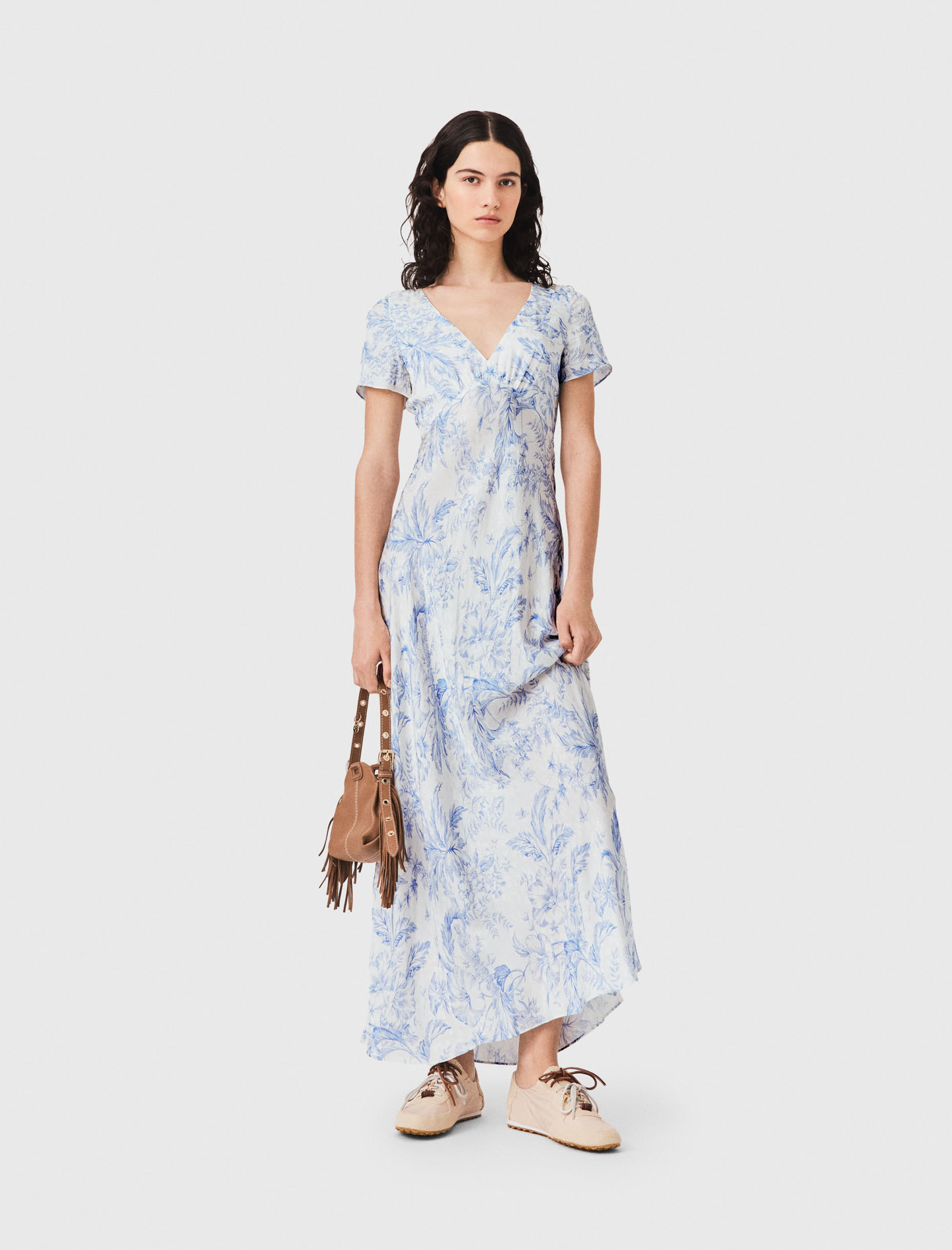 Robe Longue Fluide Imprimée - Bleu Ciel Grosses Fleurs Print - Taille 42 - Maje