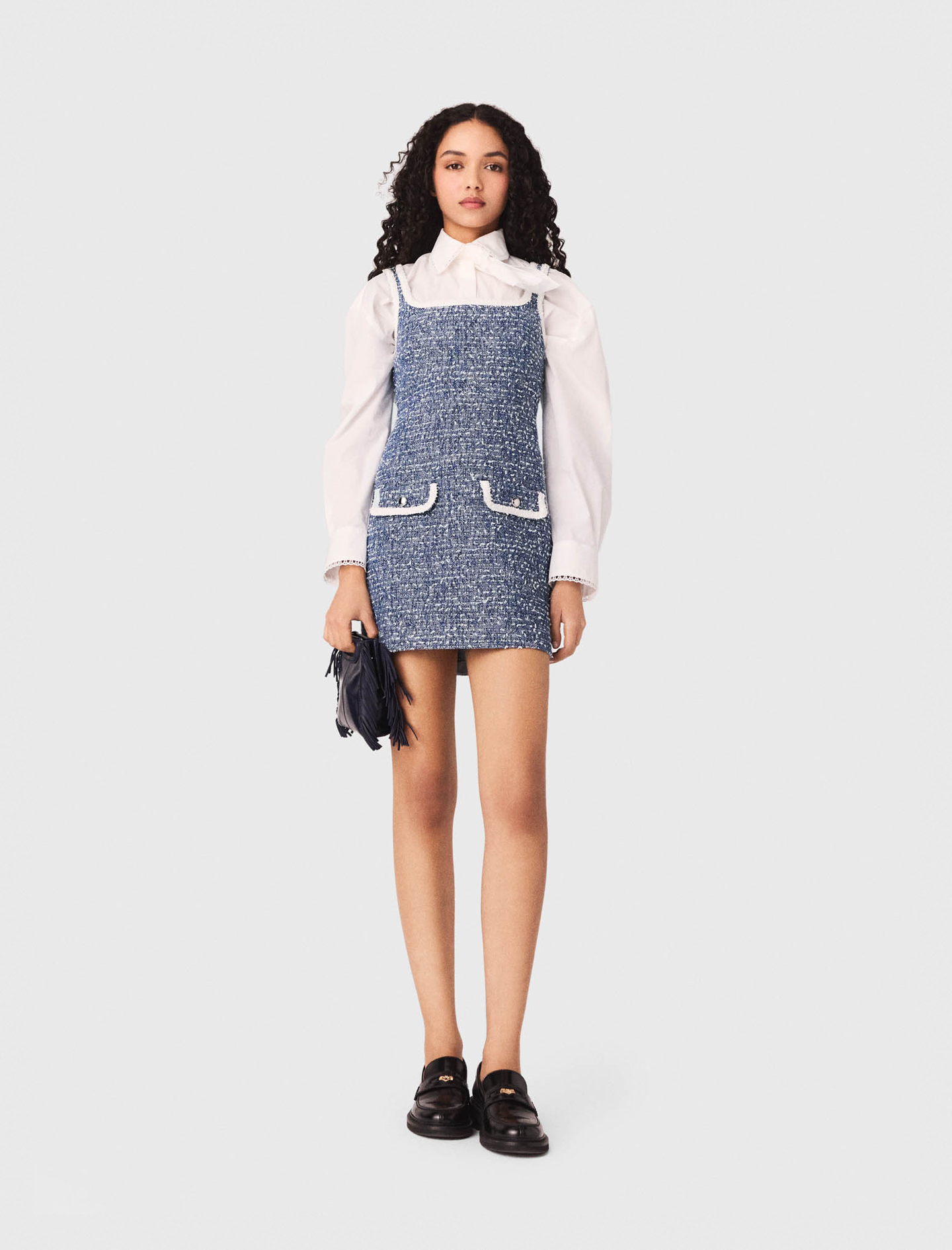 Robe Courte En Tweed - Bleu - Taille 38 - Maje