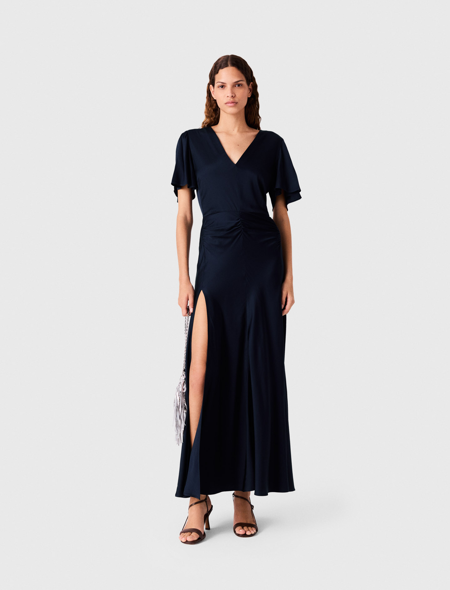 Robe Longue Drapée En Satin - Bleu Marine - Taille 34 - Maje
