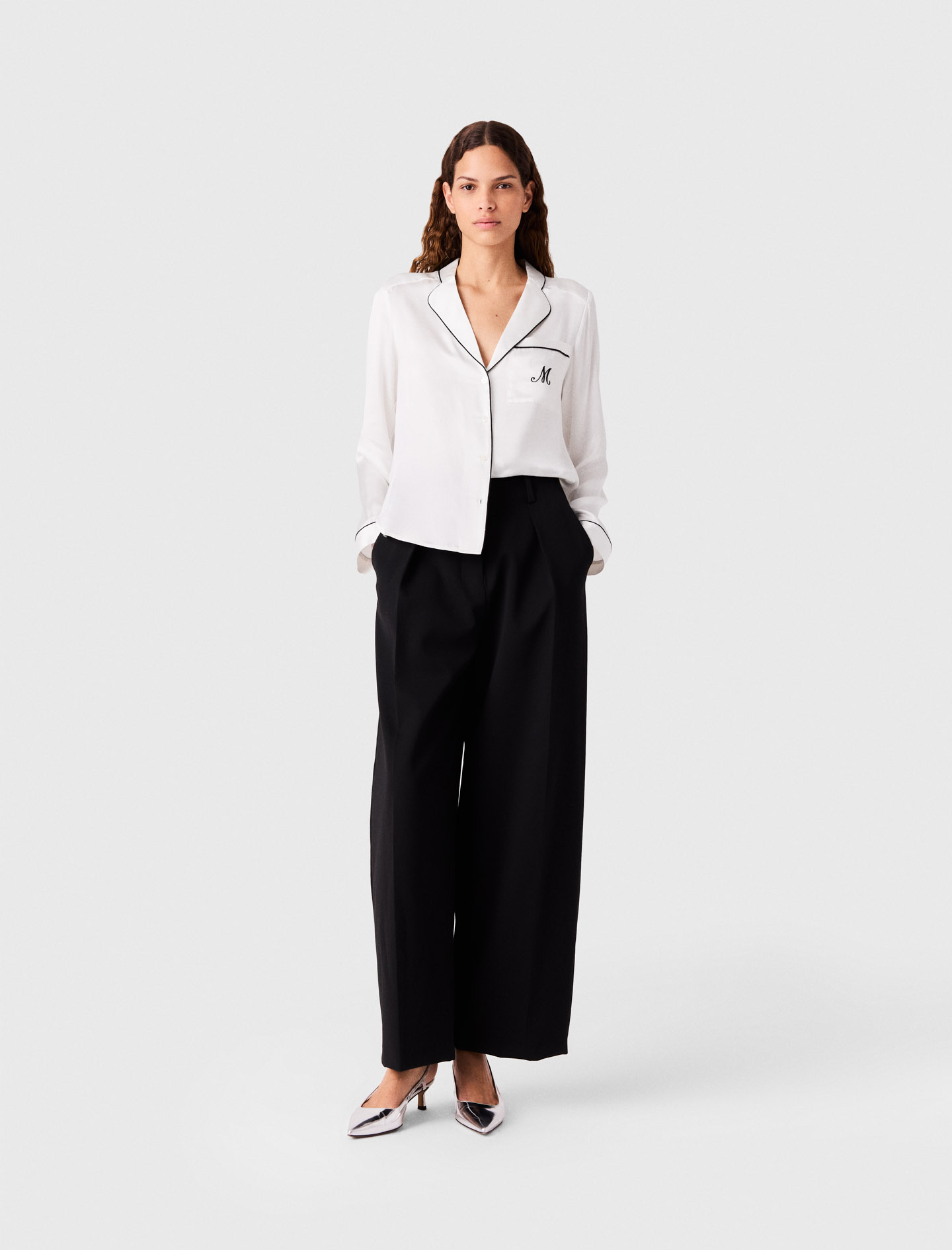 Chemise En Soie Brodée - Blanc - Taille 2 - Maje
