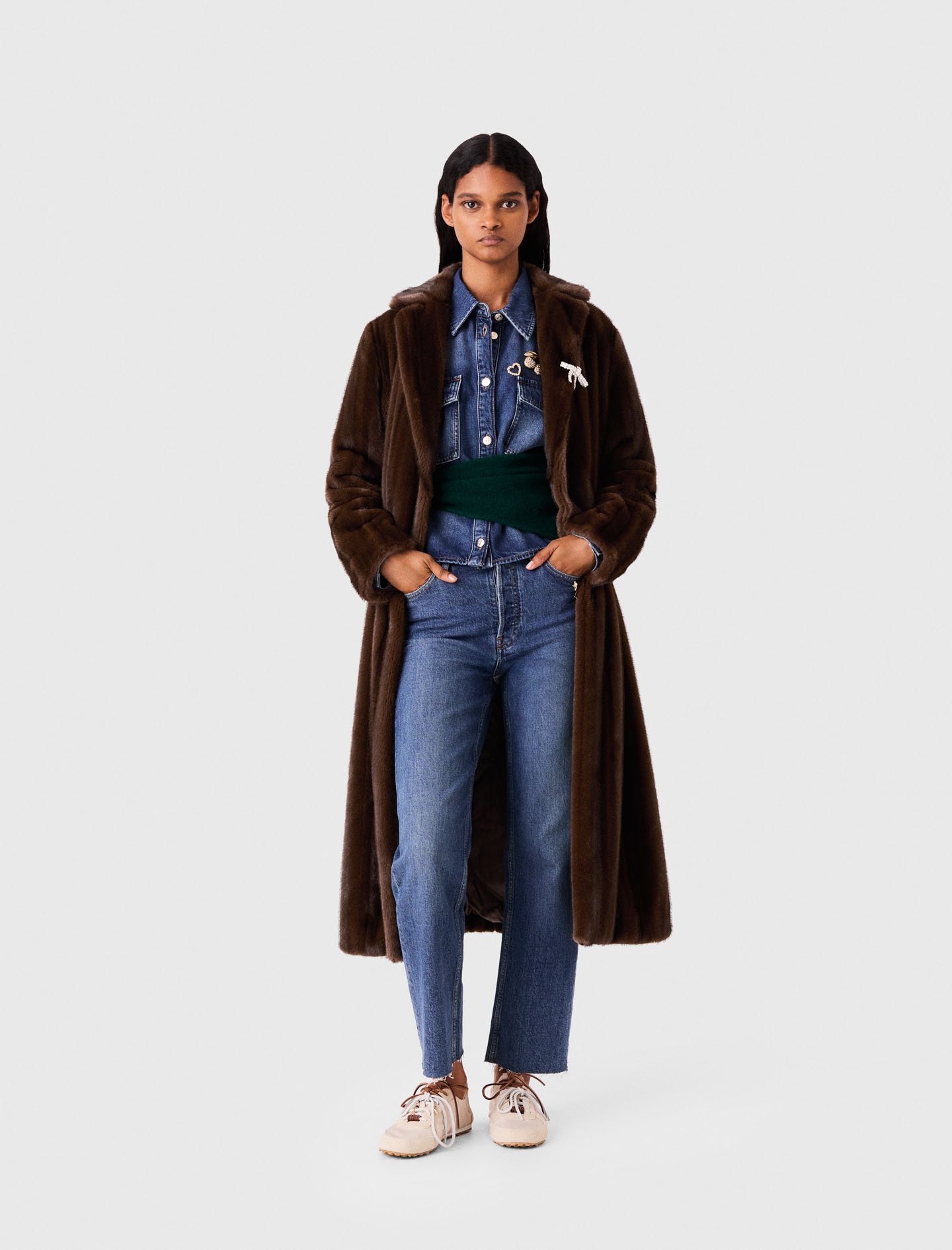 Manteau Long En Fausse Fourrure - Marron Fonce - Taille 42 - Maje