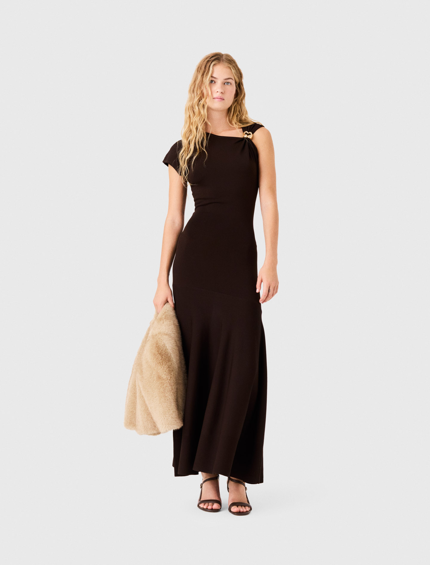 Robe Asymétrique En Jersey - Marron Fonce - Taille 38 - Maje