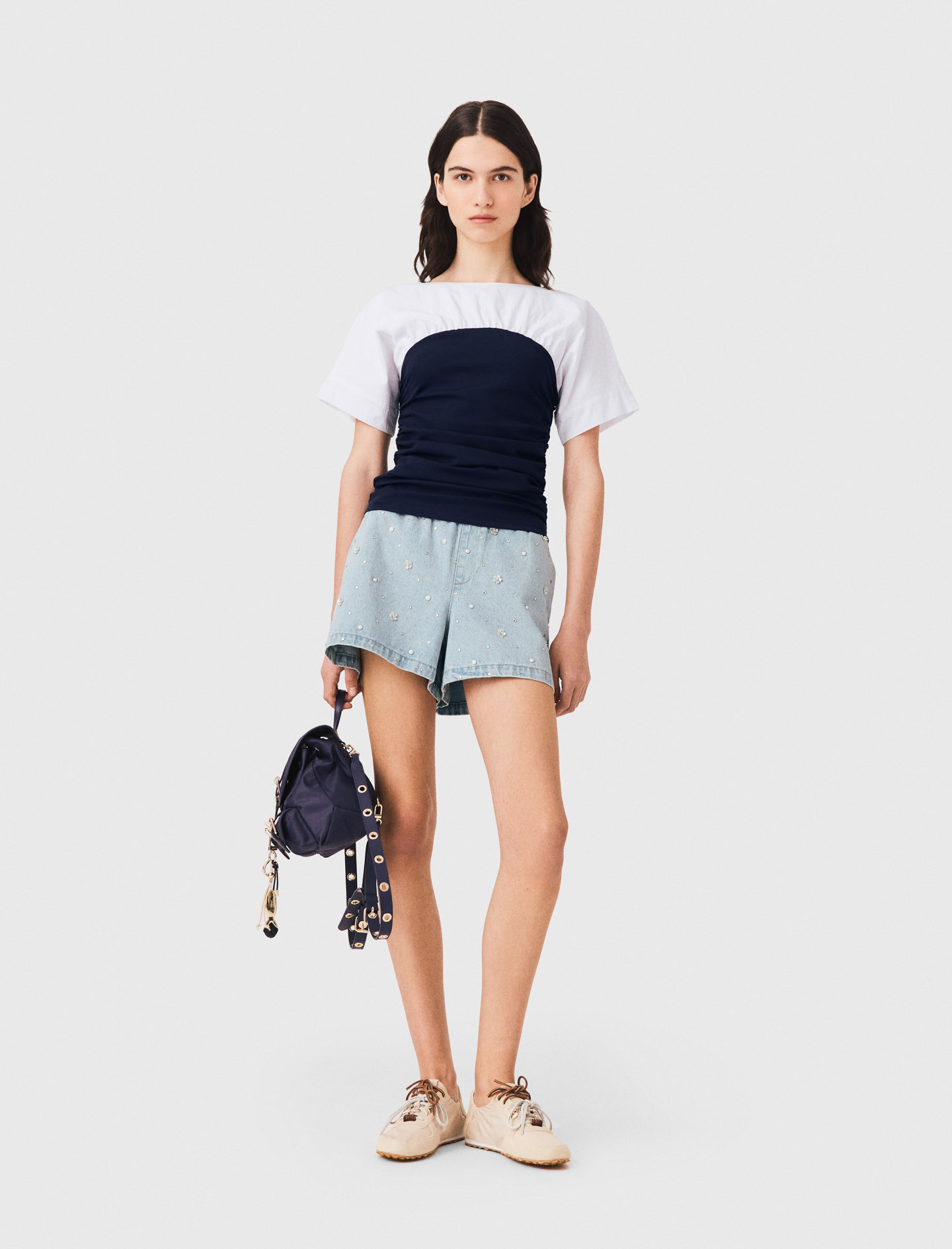 Top En Jersey Plissé - Blanc/marine - Taille 2 - Maje