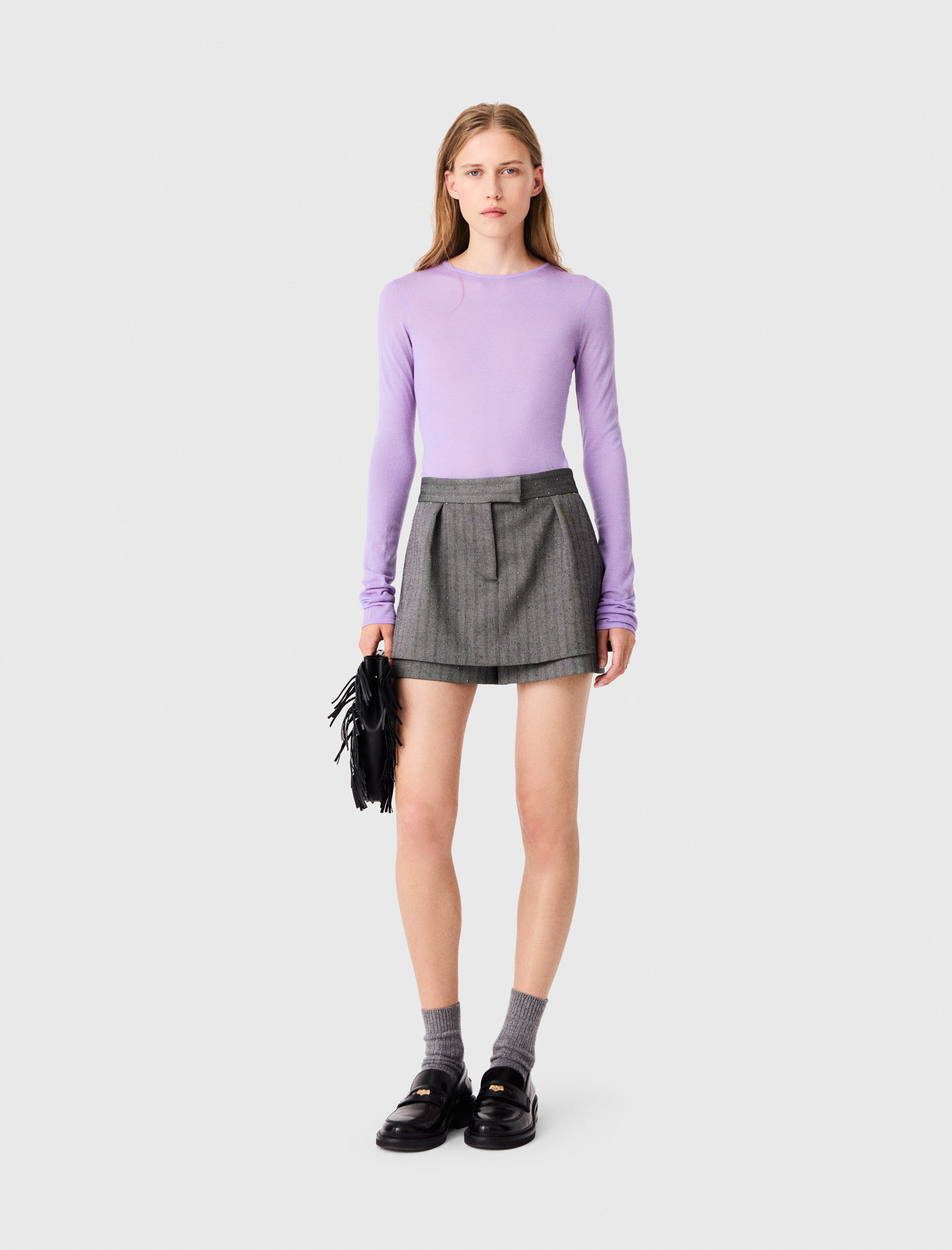 Short Trompe-l'œil Tailleur Strassé - Gris - Taille 34 - Maje