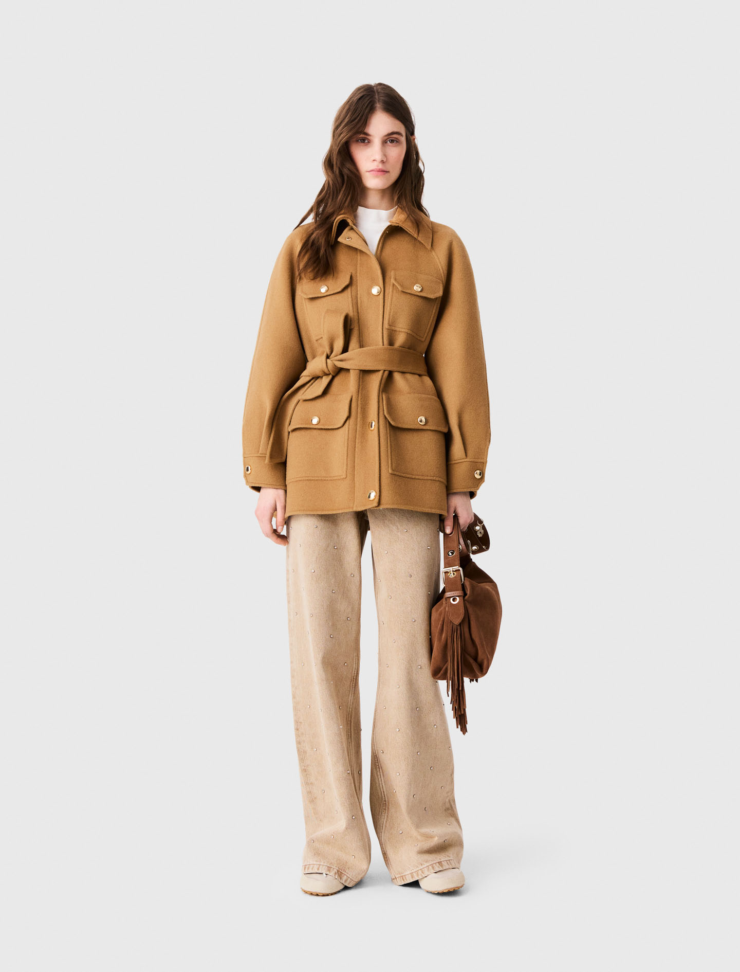 Manteau Mi-long En Laine - Marron - Taille 42 - Maje