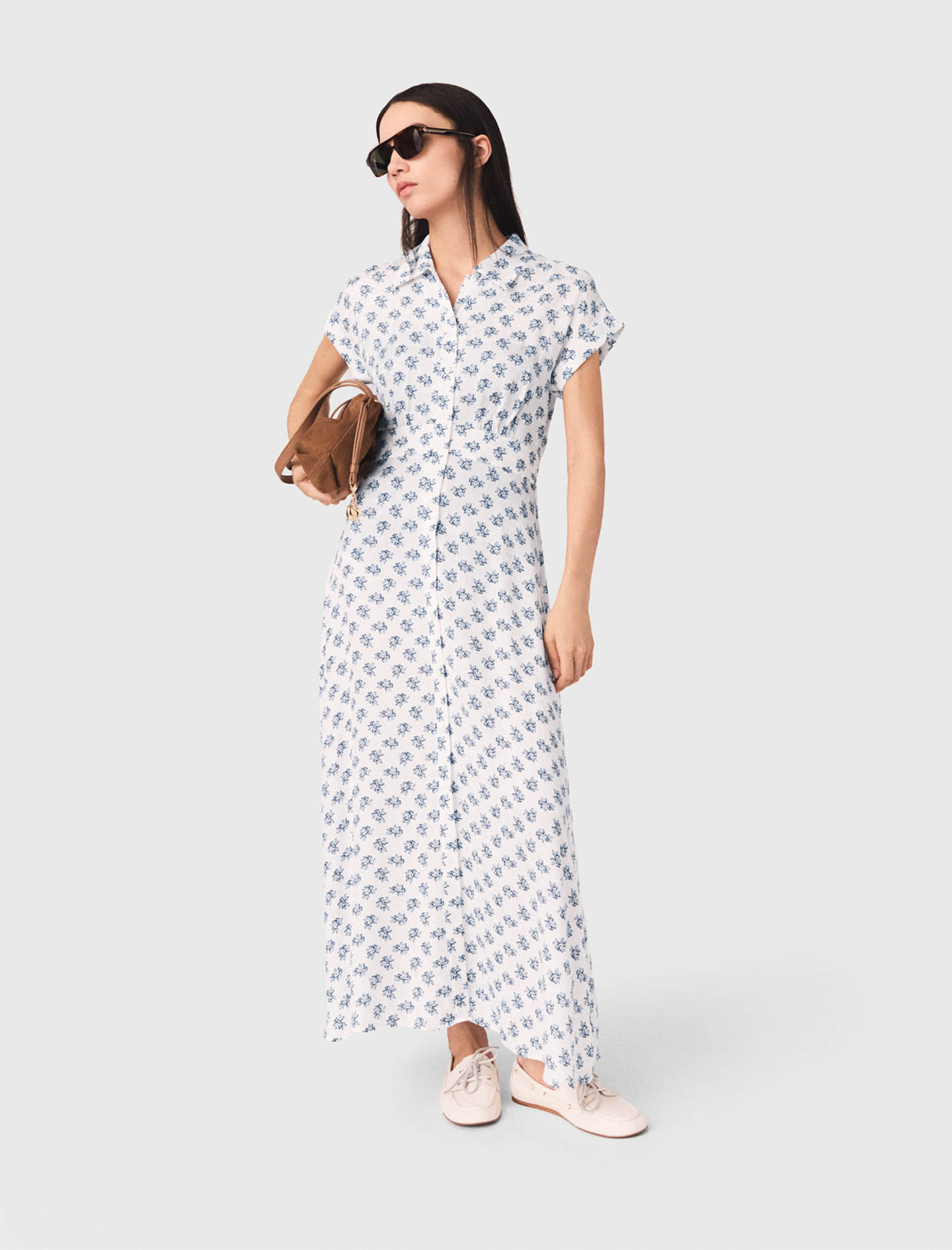 Robe Longue Imprimée Jacquard - Bleu Petites Fleurs Print - Taille 38 - Maje