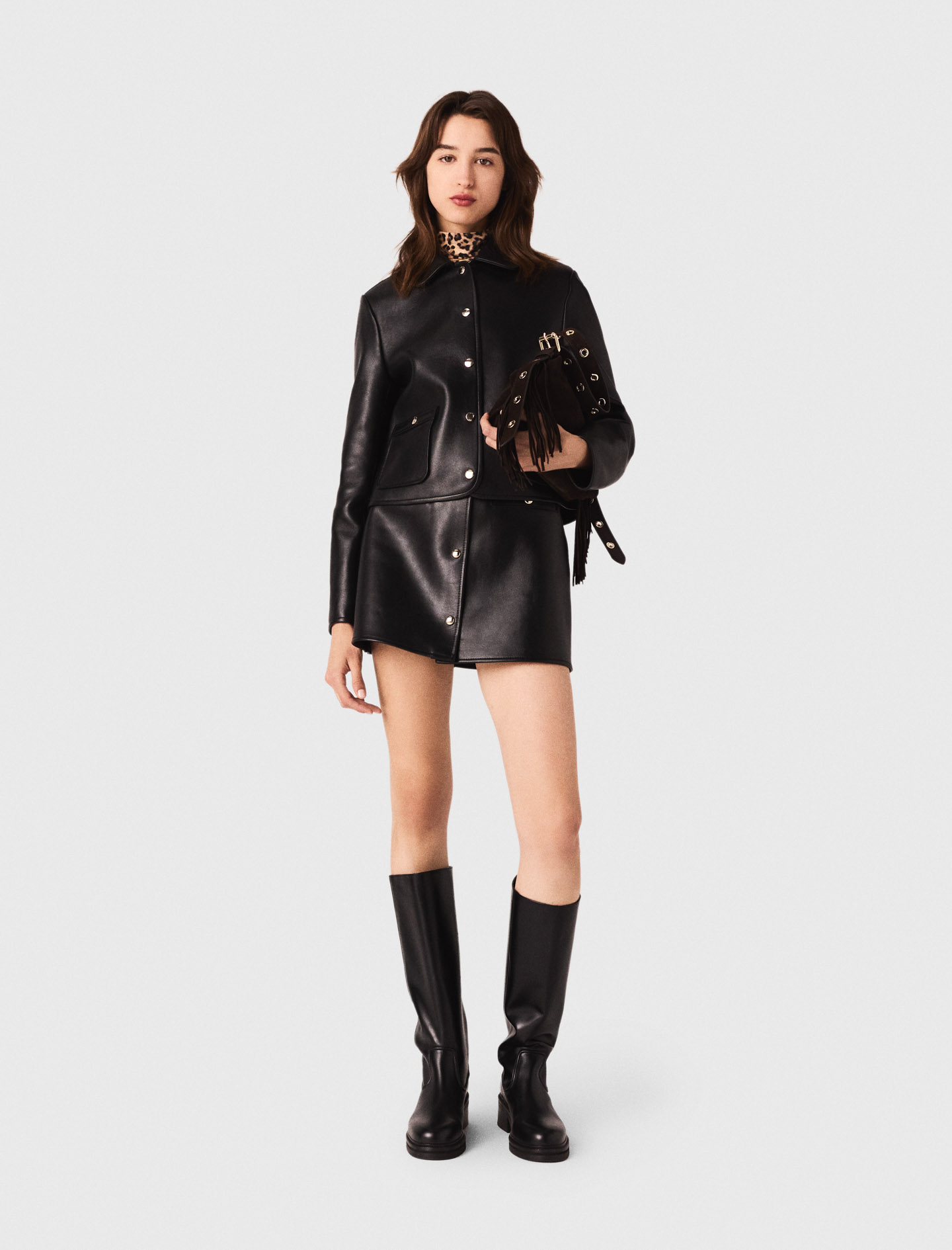 Maje Cropped Leather Jacket In Brown