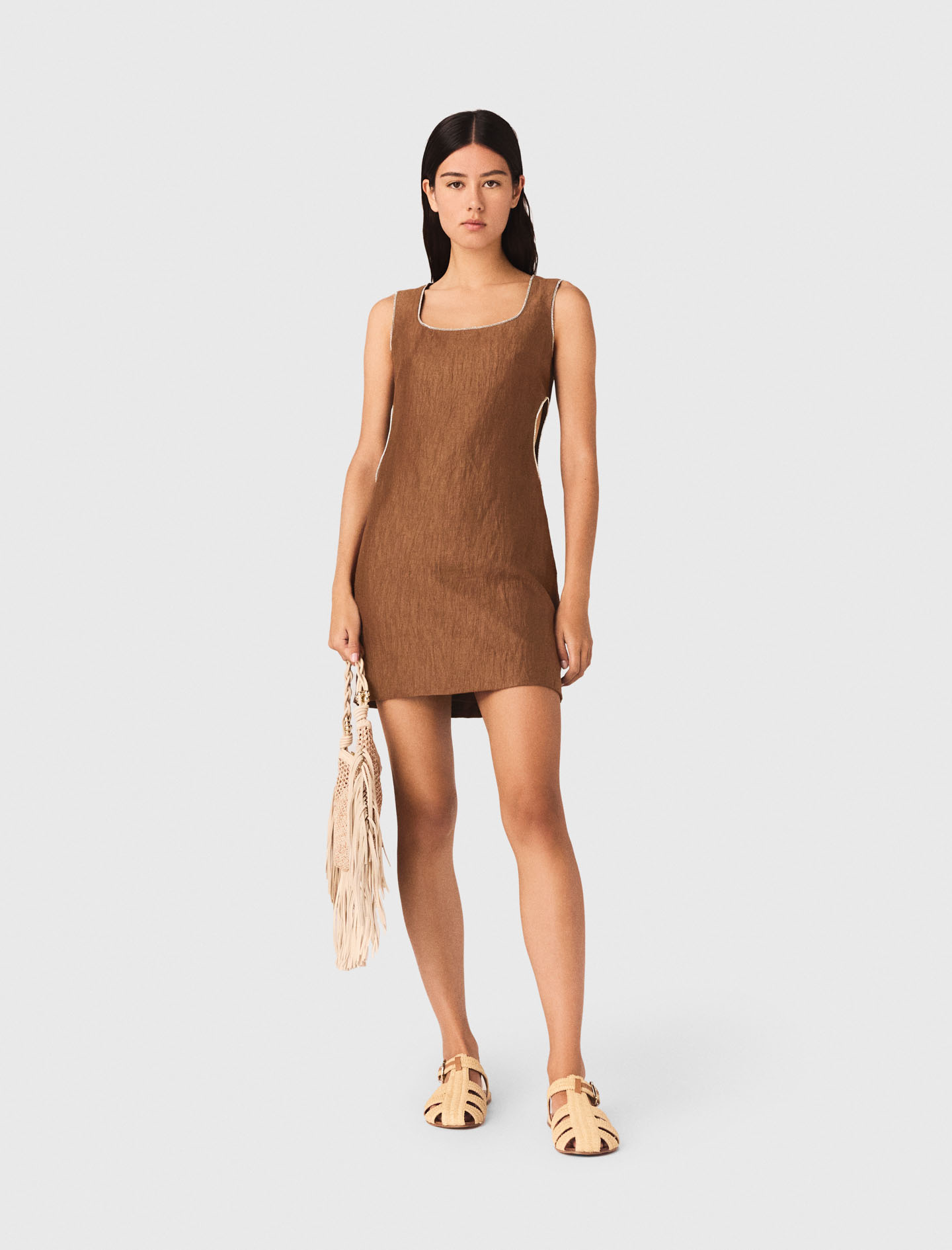 Robe Courte En Lin Mélangé - Marron - Taille 42 - Maje