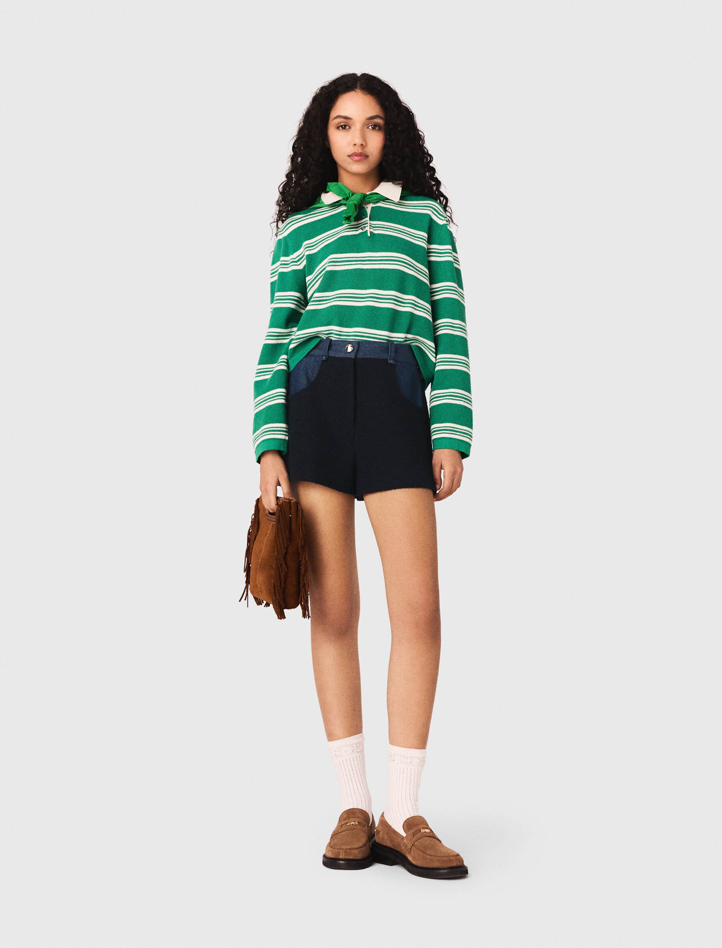 Pull Court Rayé Avec Col Polo - Vert - Taille 2 - Maje