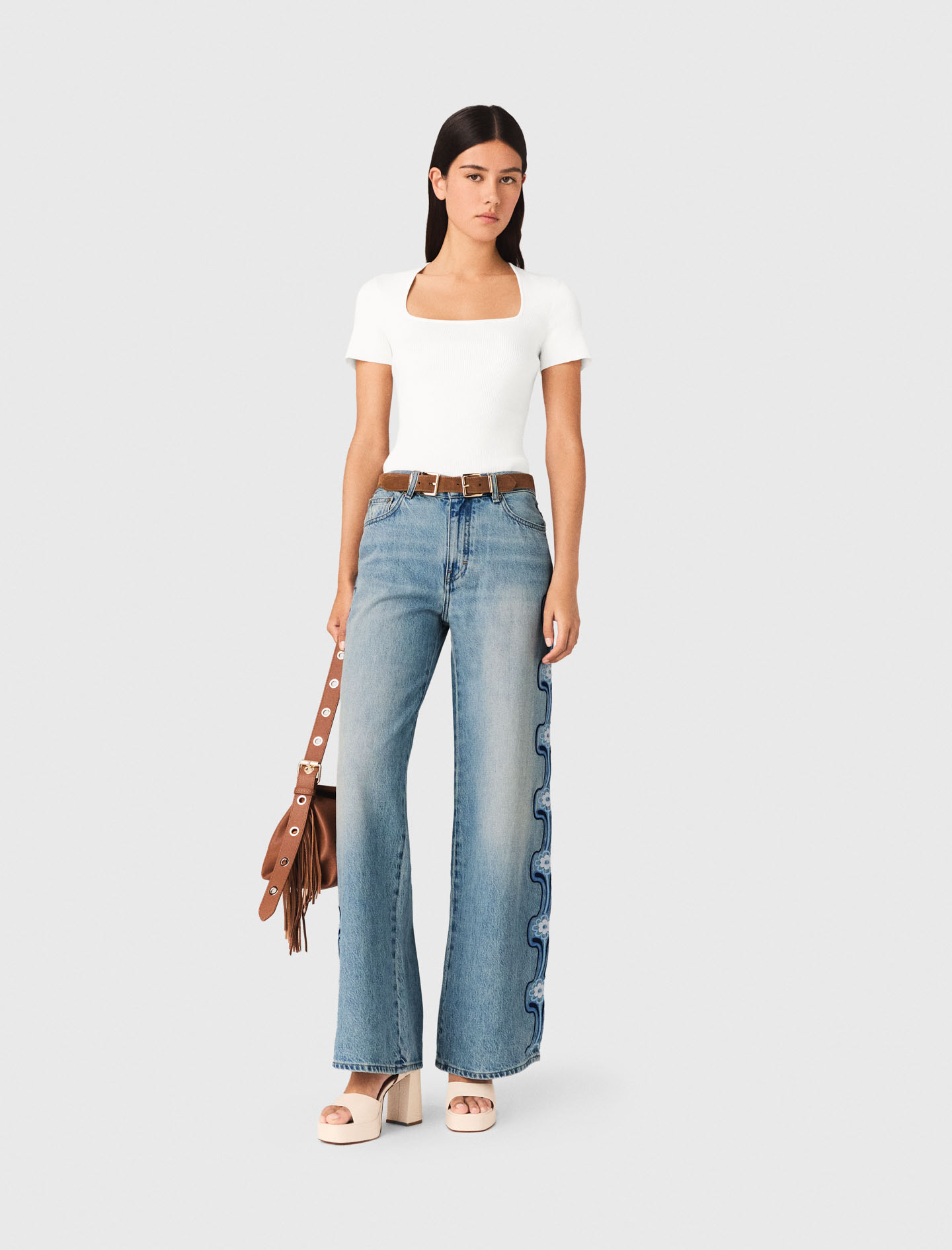 Jean Large Avec Broderie Florale - Bleu - Taille 36 - Maje