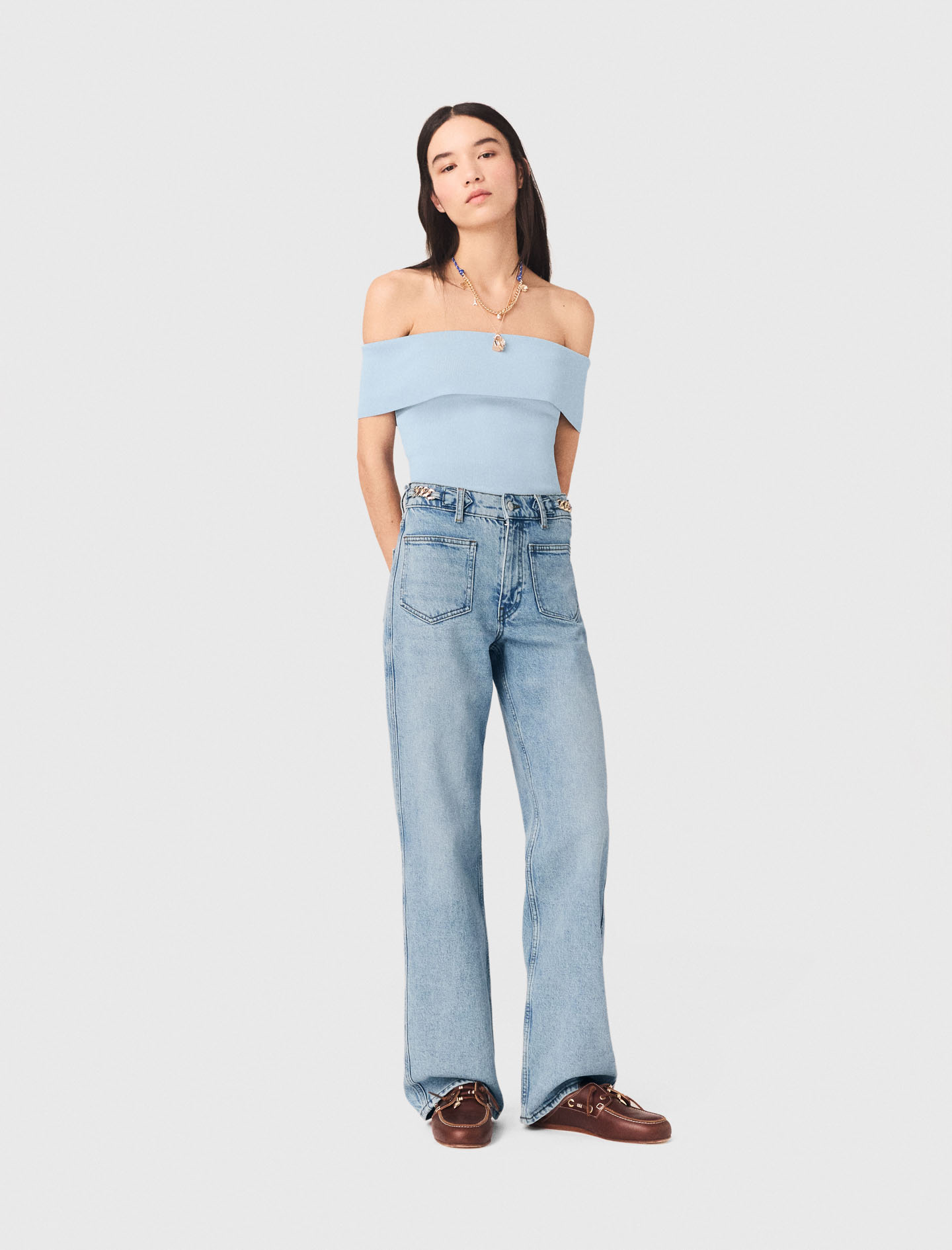 Top Col Bardot En Maille Cotelée - Bleu - Taille 2 - Maje