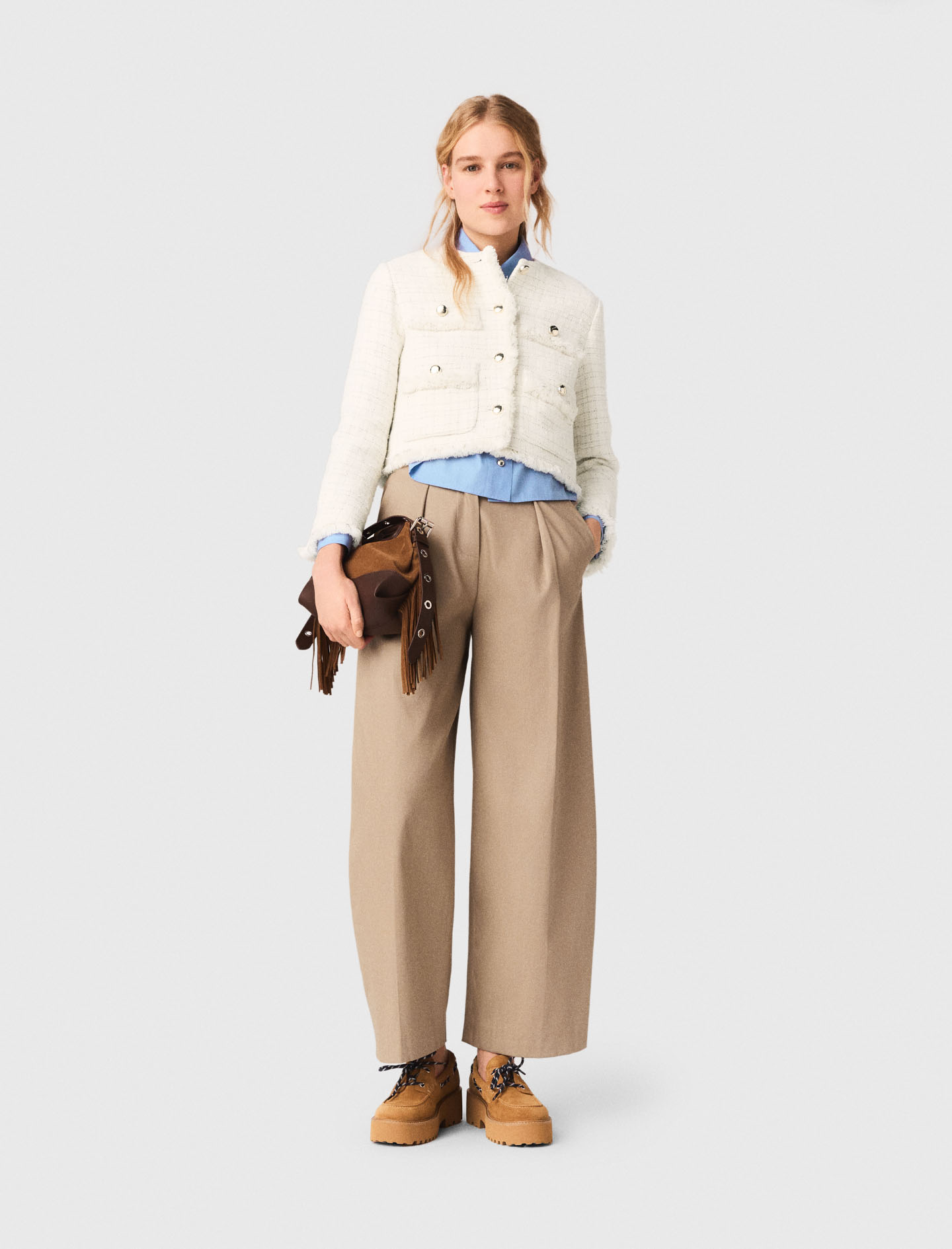 Veste Courte En Tweed - Blanc - Taille 40 - Maje