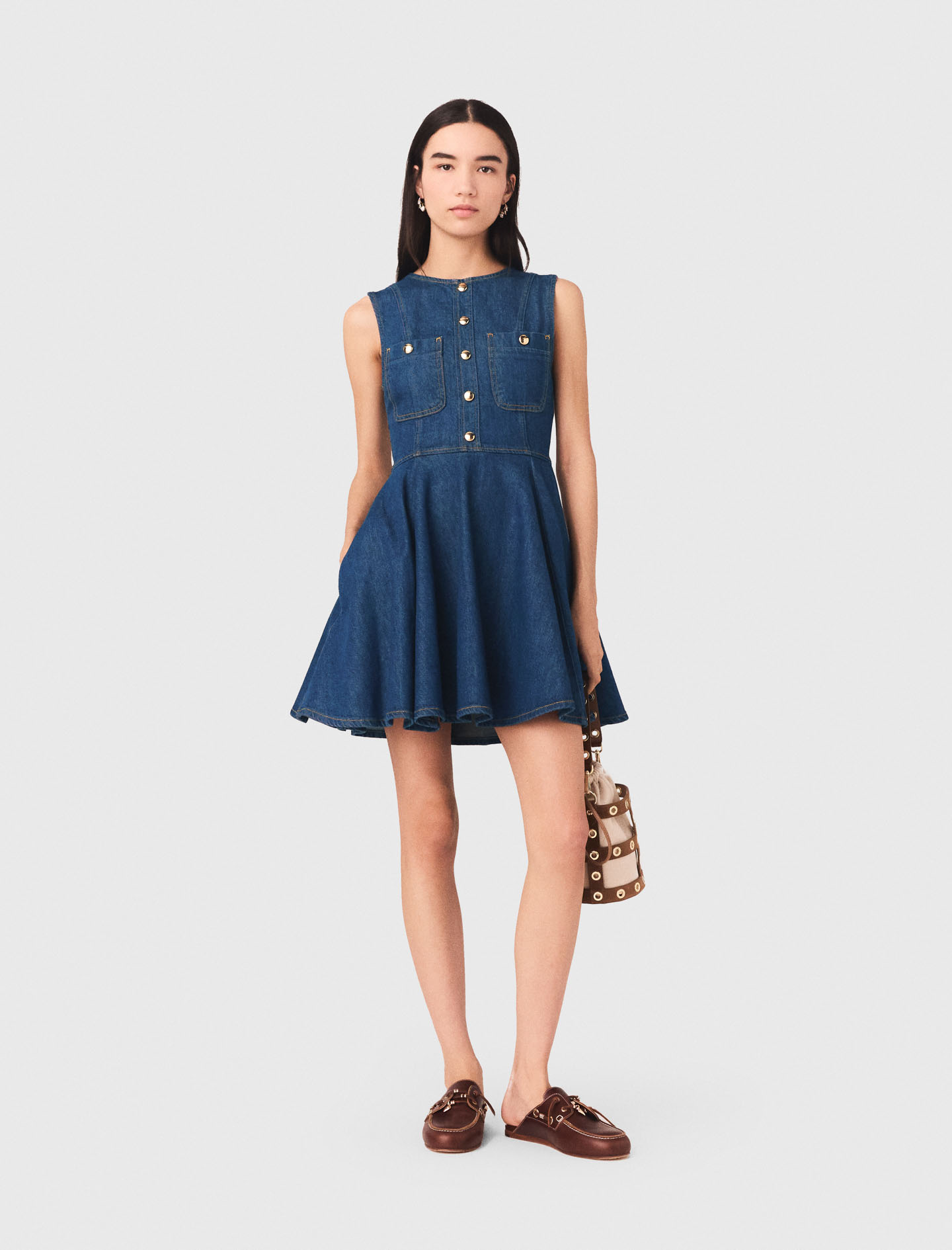 Robe Courte En Denim Évasée - Bleu Marine - Taille 42 - Maje