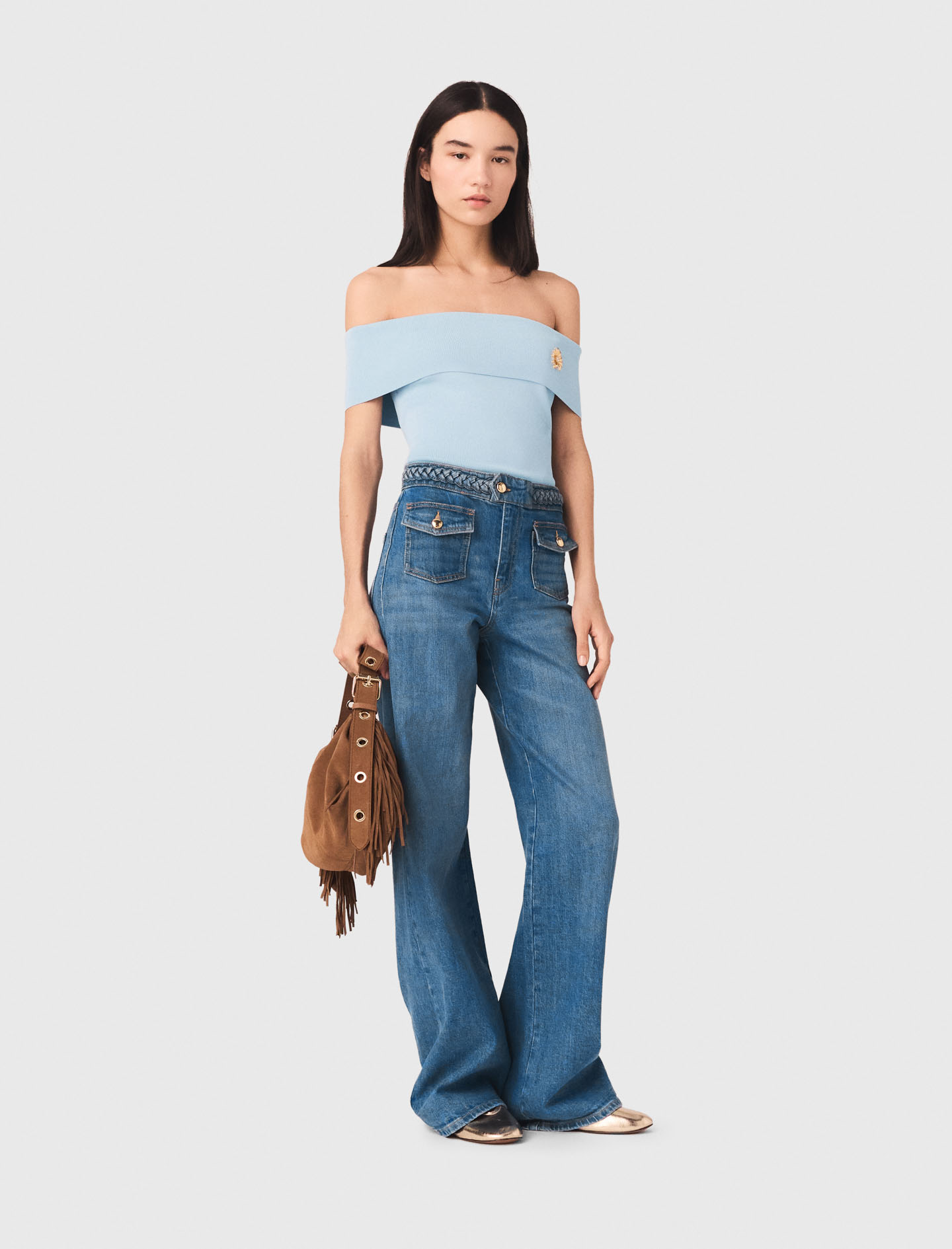 Jean Flare Avec Tresses - Bleu - Taille 34 - Maje